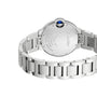 The Ballon Bleu de Cartier watch by Cartier features a round case, blue cabochon crown, engraved back, and an interchangeable steel bracelet with an elegant clasp—all displayed from the rear view.