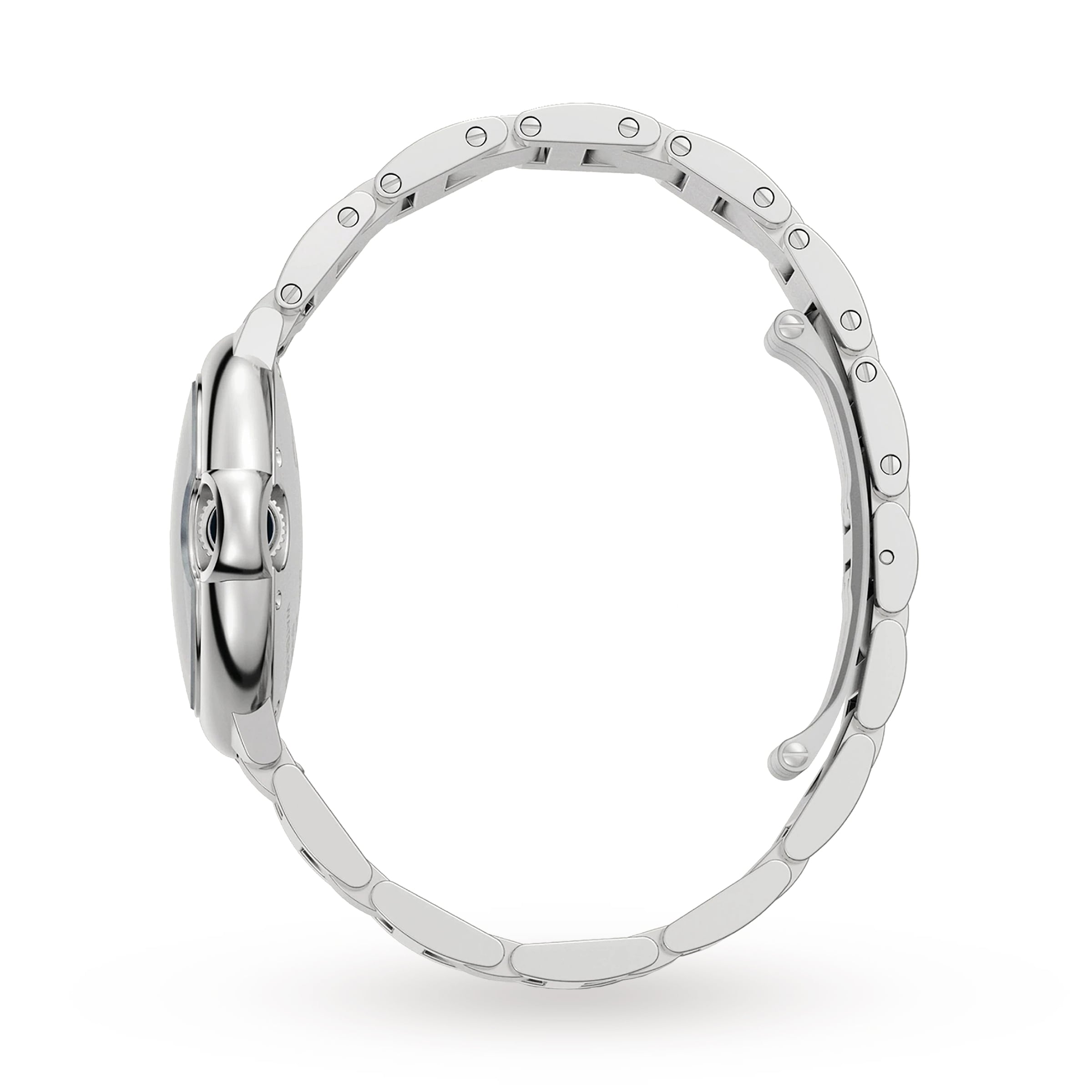 Side view of the Ballon Bleu de Cartier by Cartier, showing its silver metal case profile and closed clasp with a linked, interchangeable steel bracelet.
