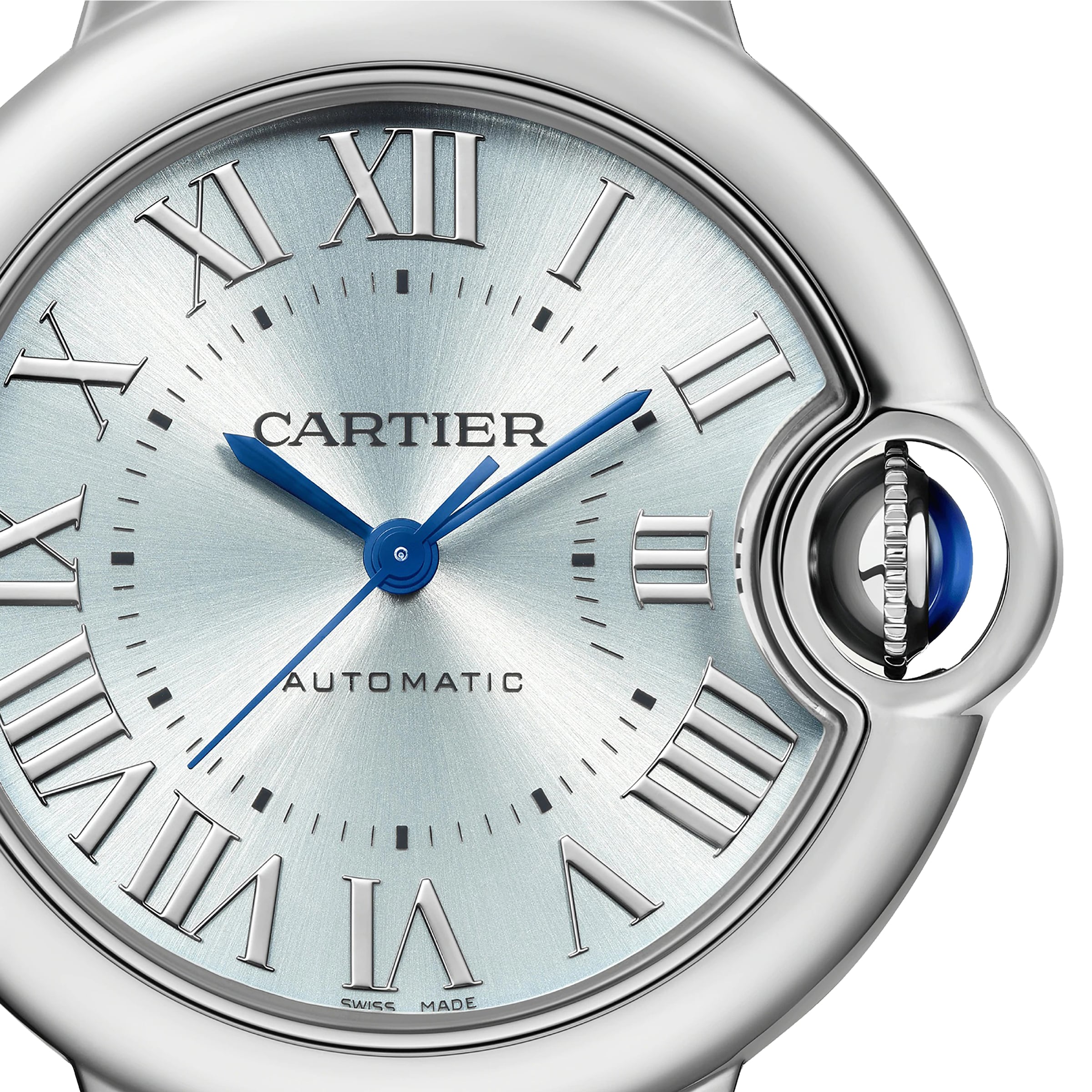 Close-up of the Cartier Ballon Bleu de Cartier watch featuring a silver dial, blue hands, Roman numeral markers, sapphire cabochon crown at 3 o’clock, and an interchangeable steel bracelet.