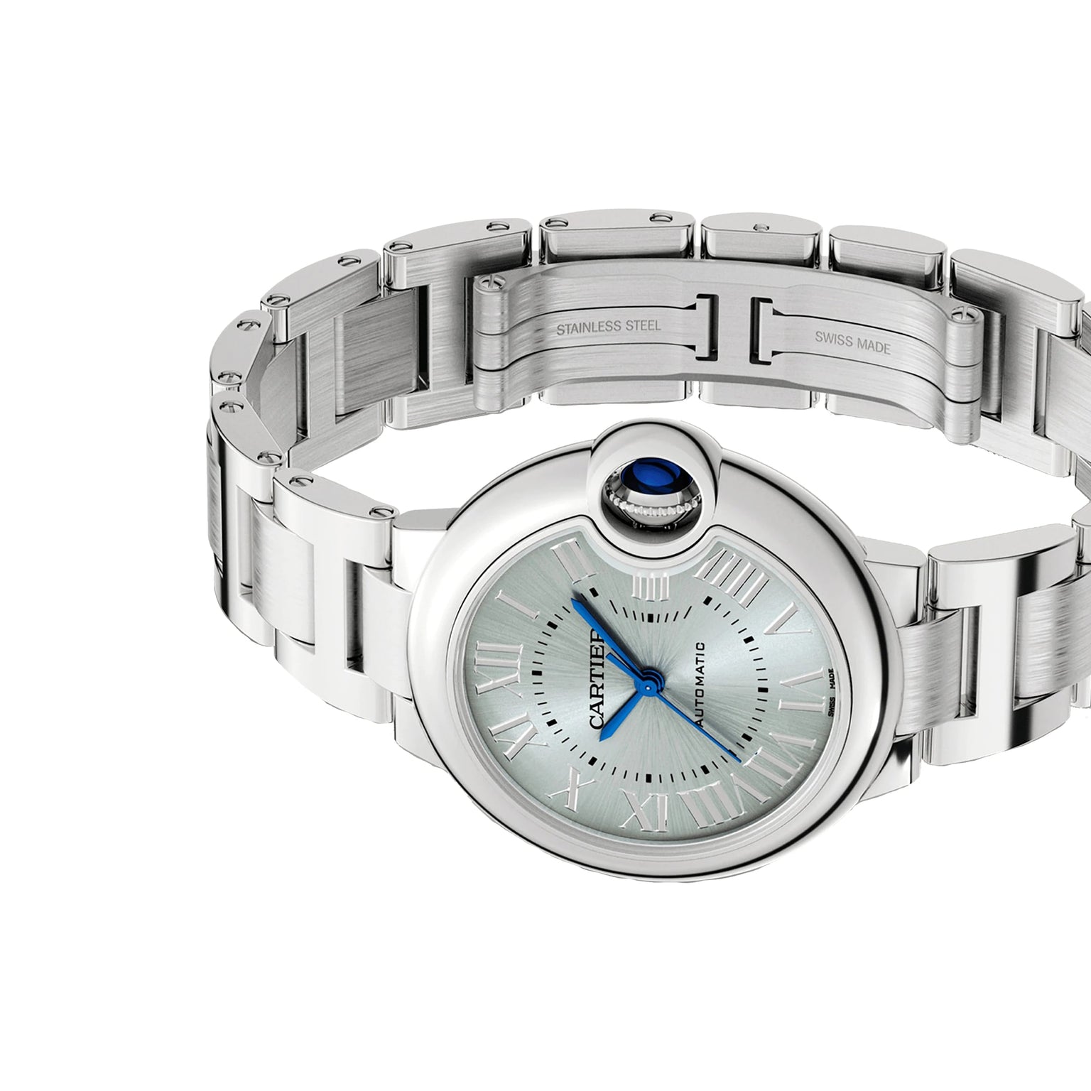 The Ballon Bleu de Cartier by Cartier is shown with a round silver face, Roman numerals, blue hands, and an interchangeable steel bracelet on a white background.