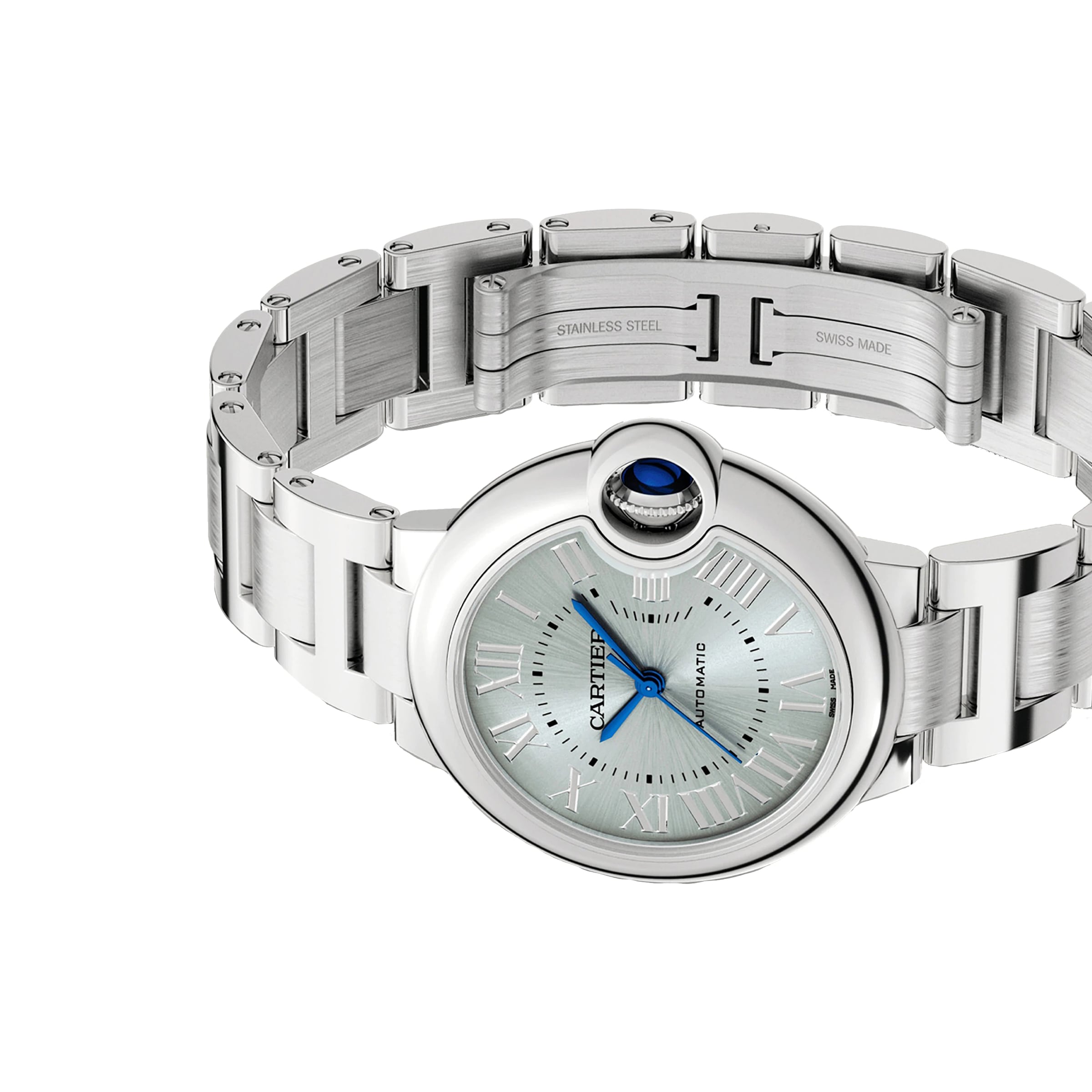 The Ballon Bleu de Cartier by Cartier is shown with a round silver face, Roman numerals, blue hands, and an interchangeable steel bracelet on a white background.