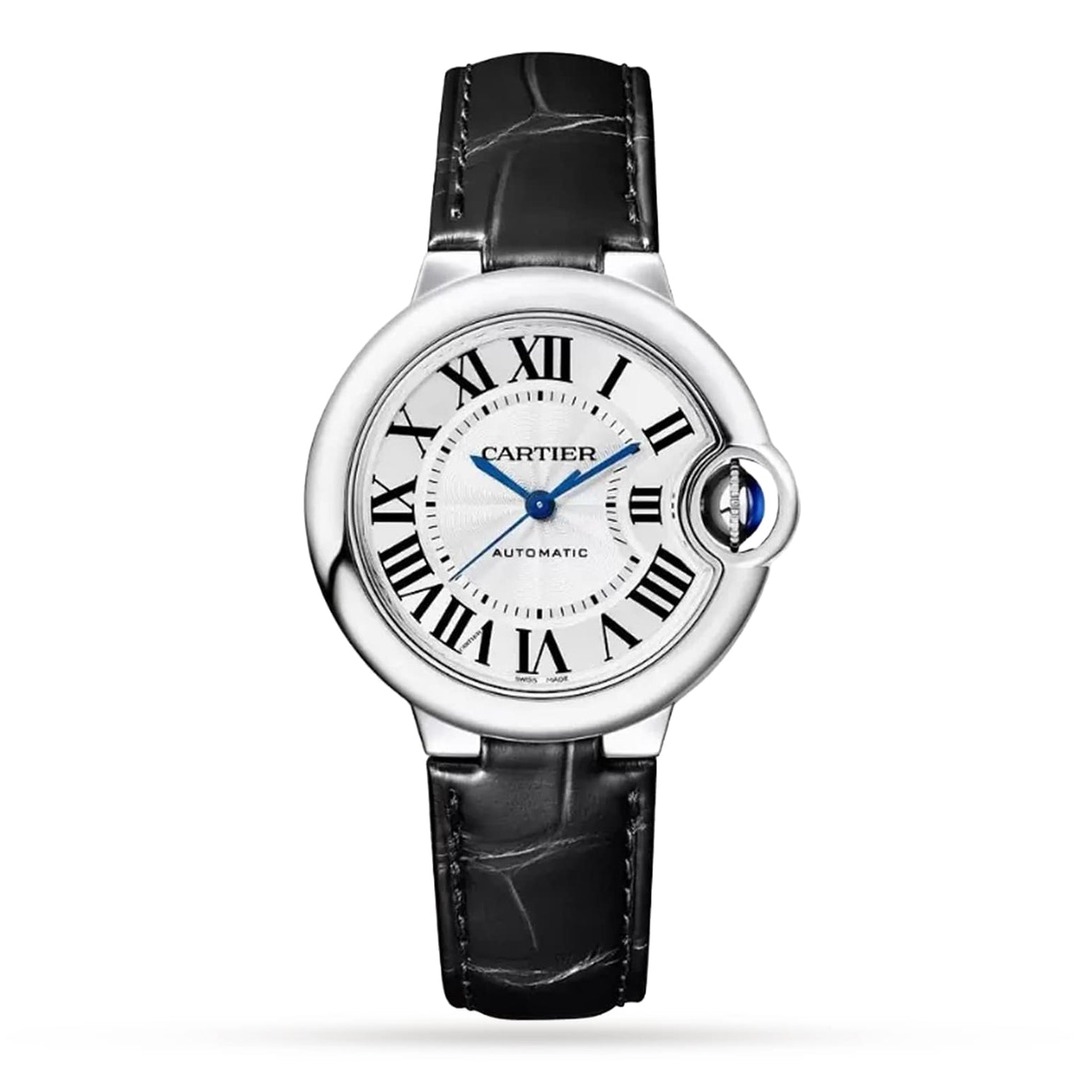 The Cartier Ballon Bleu de Cartier watch features a silver round face, black Roman numerals, blue hands, and an elegant black alligator leather strap.