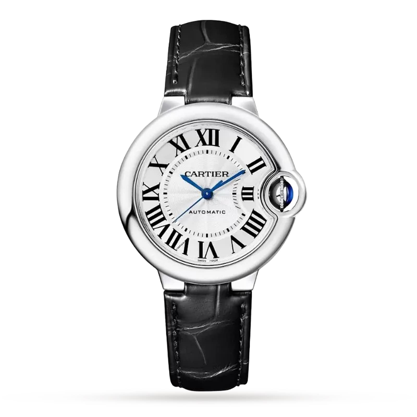 The Cartier Ballon Bleu de Cartier watch features a silver round face, black Roman numerals, blue hands, and an elegant black alligator leather strap.