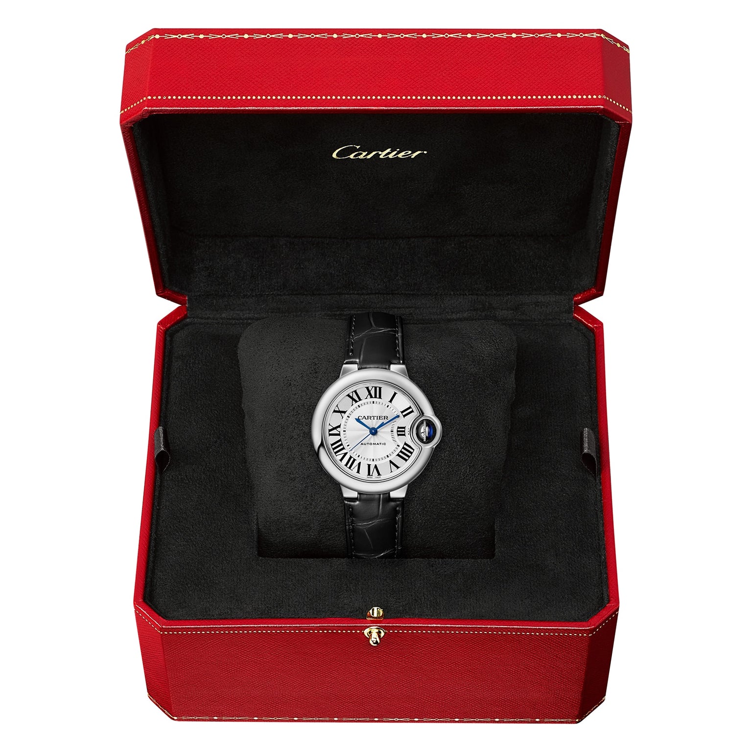 The Ballon Bleu de Cartier watch by Cartier features automatic winding, a white dial with Roman numerals, and a black alligator leather strap, presented in a signature red Cartier box.
