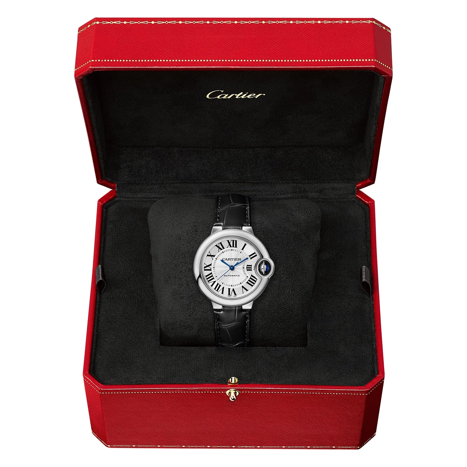 The Ballon Bleu de Cartier watch by Cartier features automatic winding, a white dial with Roman numerals, and a black alligator leather strap, presented in a signature red Cartier box.