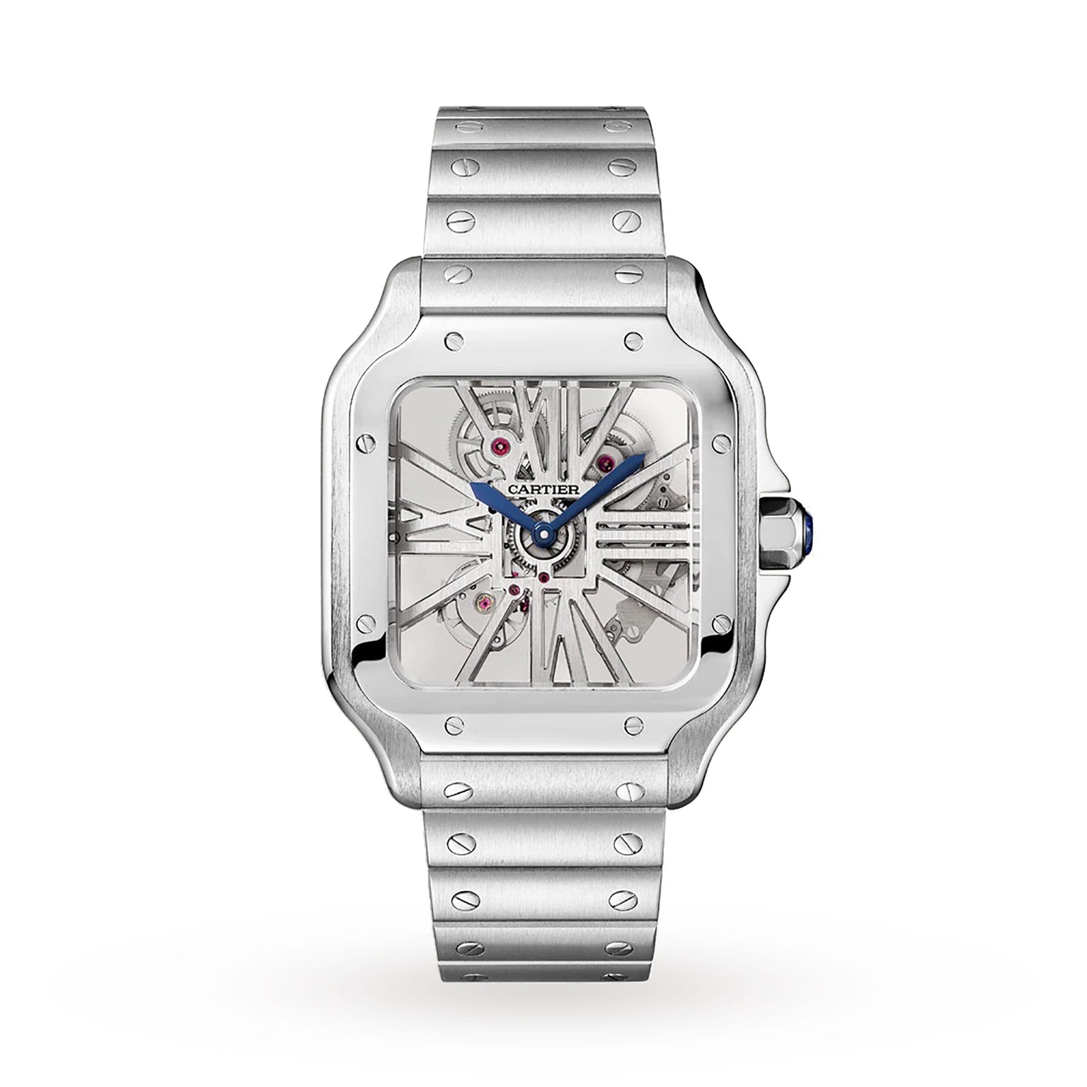 The Santos de Cartier Skeleton by Cartier features a stainless steel case, exposed mechanical movement, blue hands, metal bracelet, and an interchangeable system for versatile styling.