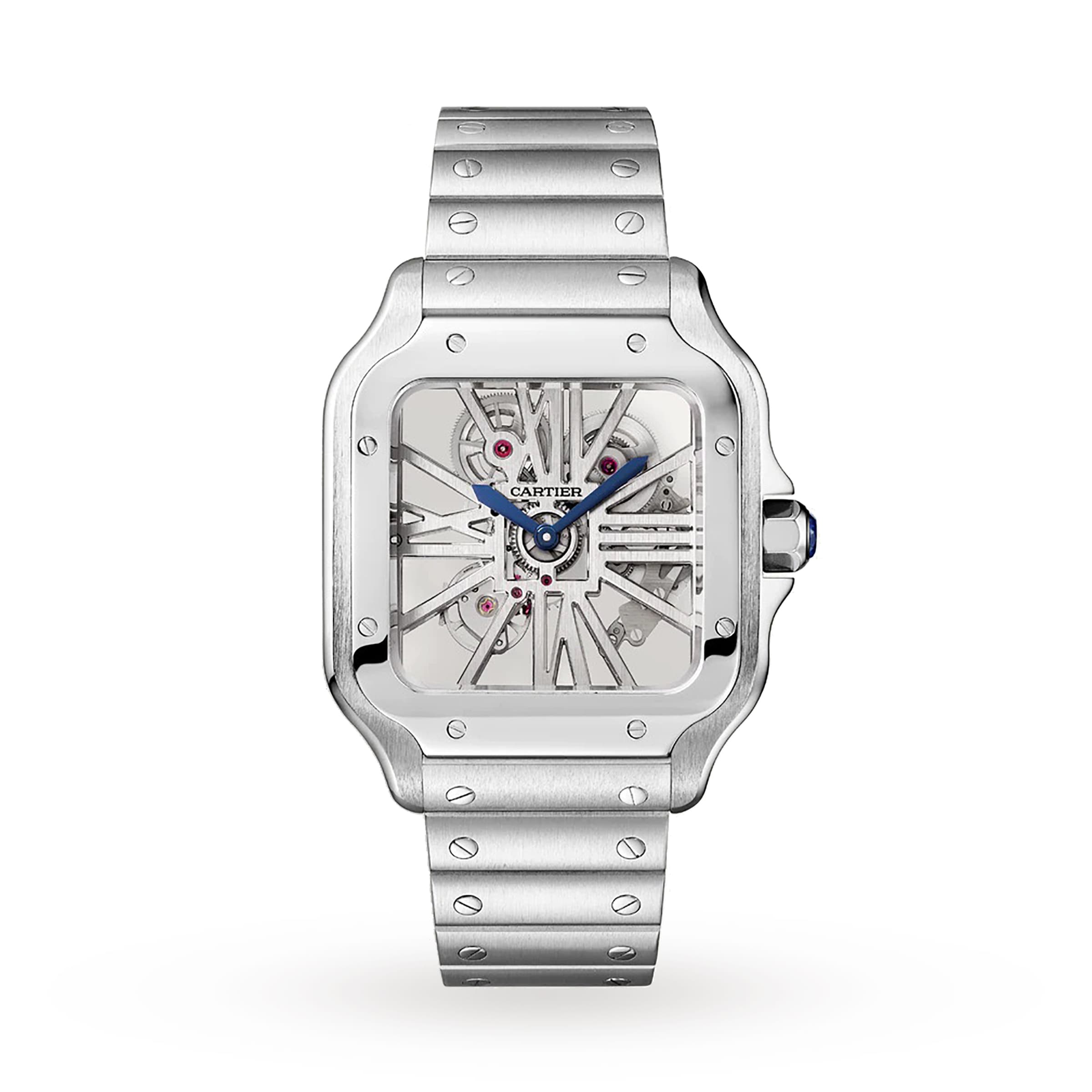 The Santos de Cartier Skeleton by Cartier features a stainless steel case, exposed mechanical movement, blue hands, metal bracelet, and an interchangeable system for versatile styling.