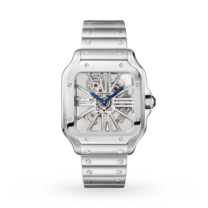 The Santos de Cartier Skeleton by Cartier features a stainless steel case, exposed mechanical movement, blue hands, metal bracelet, and an interchangeable system for versatile styling.