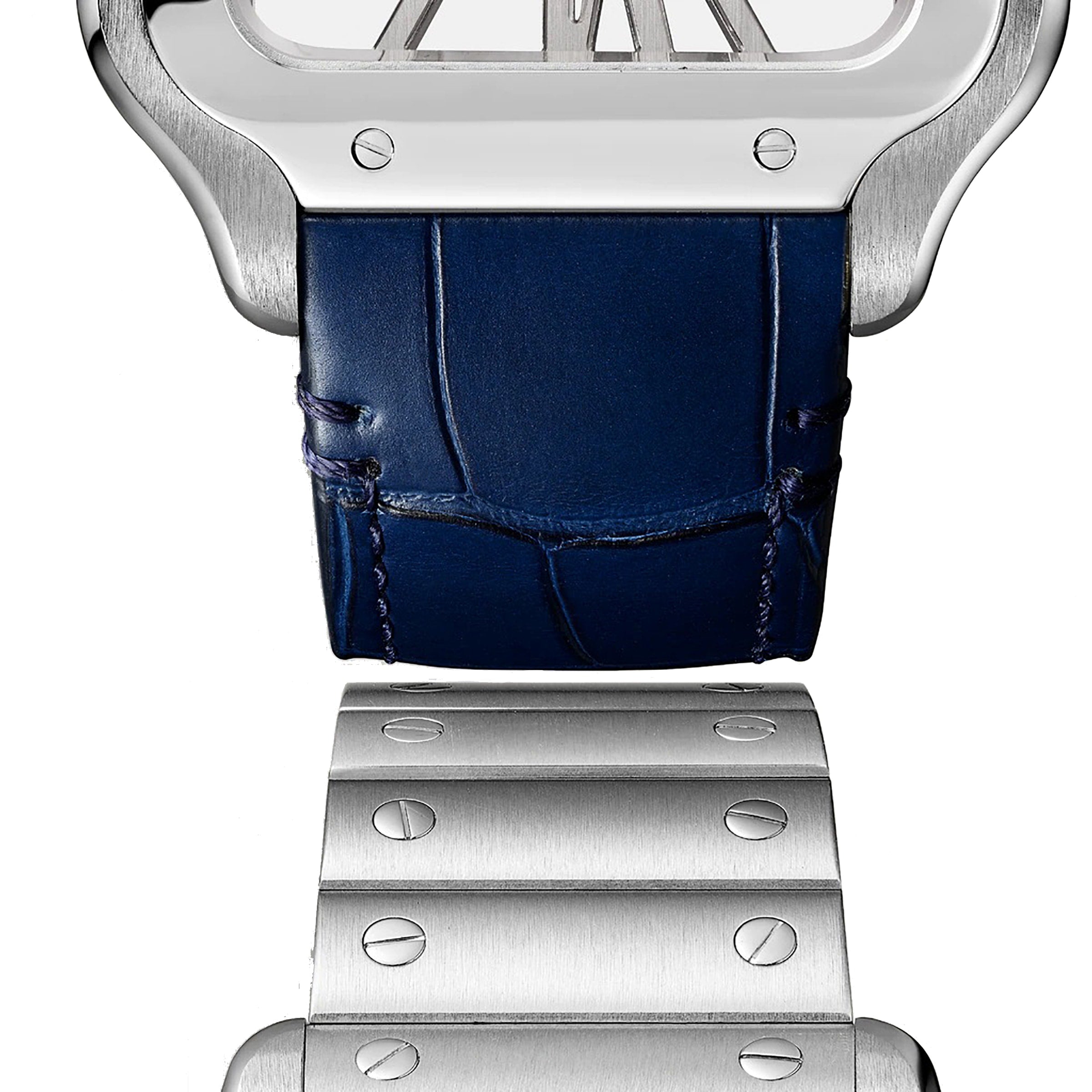 Close-up of a Cartier Santos de Cartier Skeleton watch showing the connection between its blue leather strap and brushed stainless steel bracelet with visible screws, highlighting the interchangeable system.