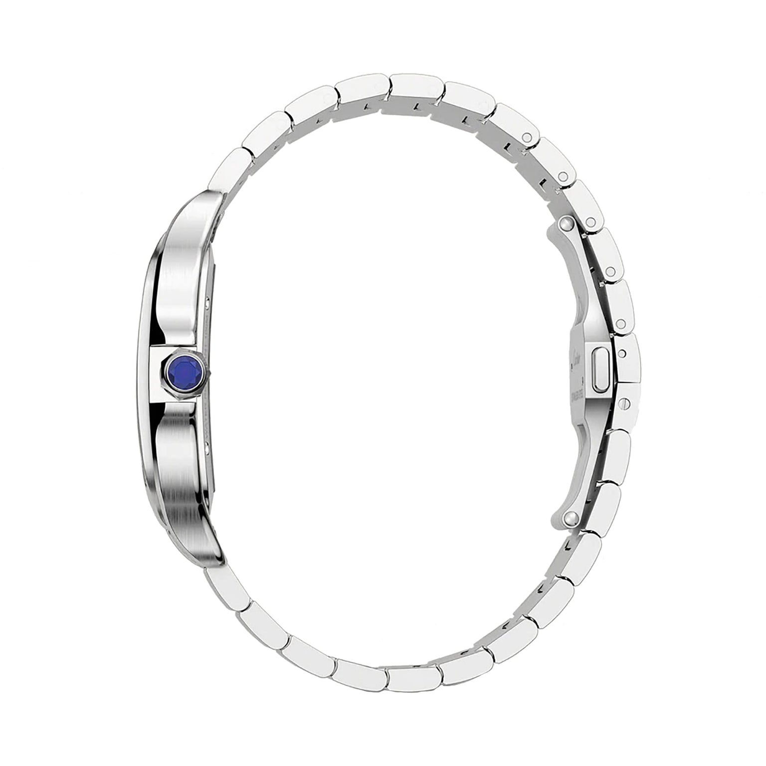 A side view of the Santos de Cartier Skeleton watch by Cartier shows its silver metal link band, blue gemstone crown, and precise mechanical movement—an elegant statement piece.