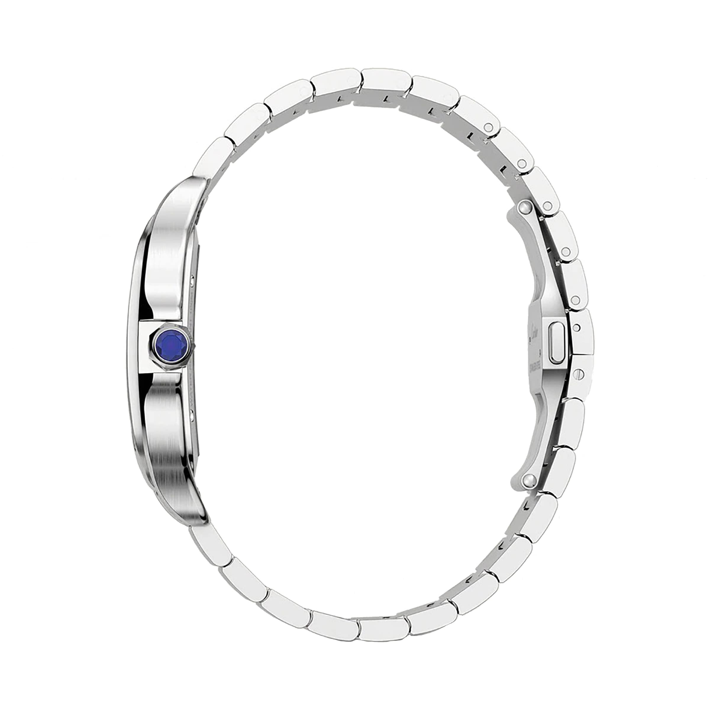 A side view of the Santos de Cartier Skeleton watch by Cartier shows its silver metal link band, blue gemstone crown, and precise mechanical movement—an elegant statement piece.