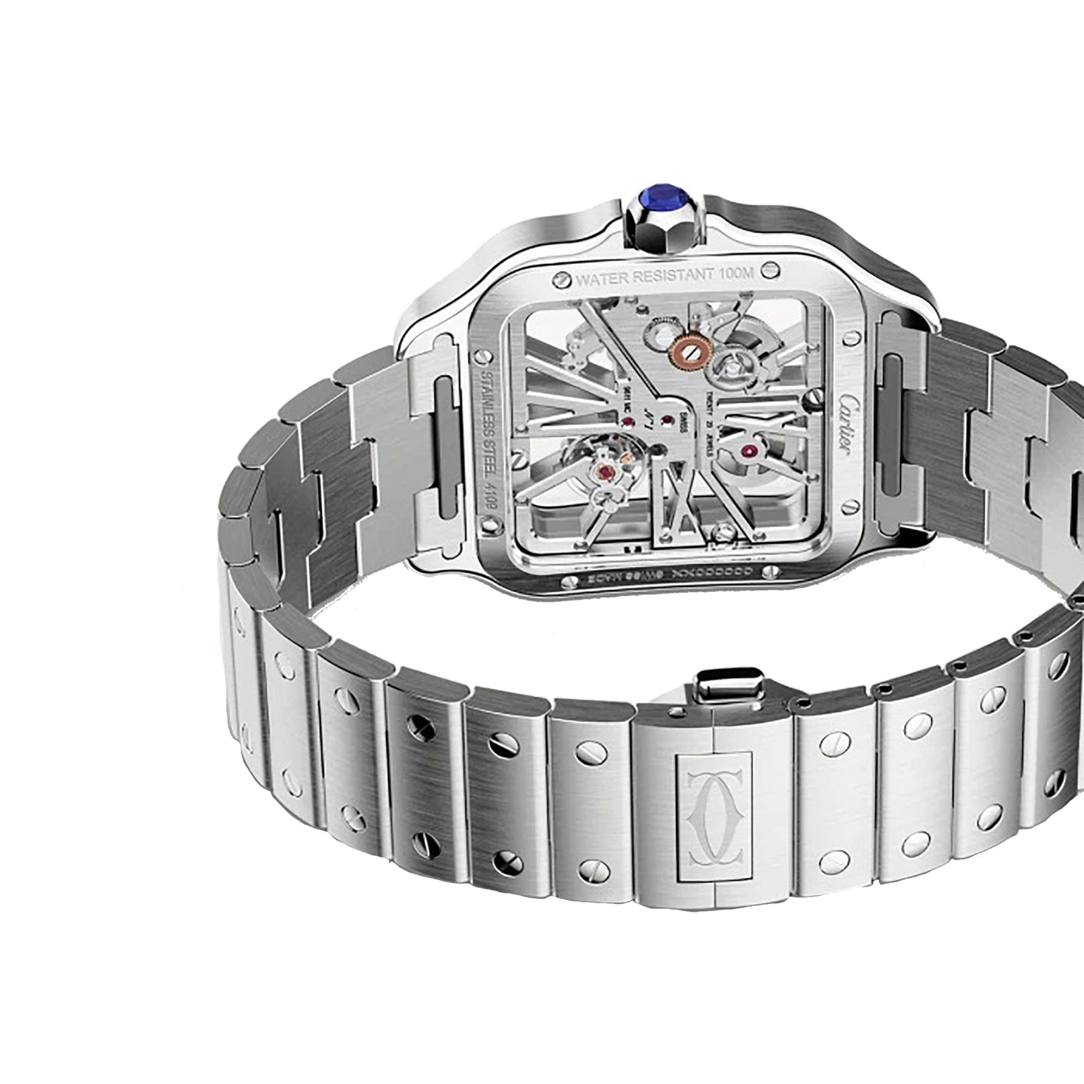 Cartier Santos de Cartier Skeleton watch in silver, featuring a visible skeleton back that displays its mechanical movement and Cartier branding on the clasp and case.