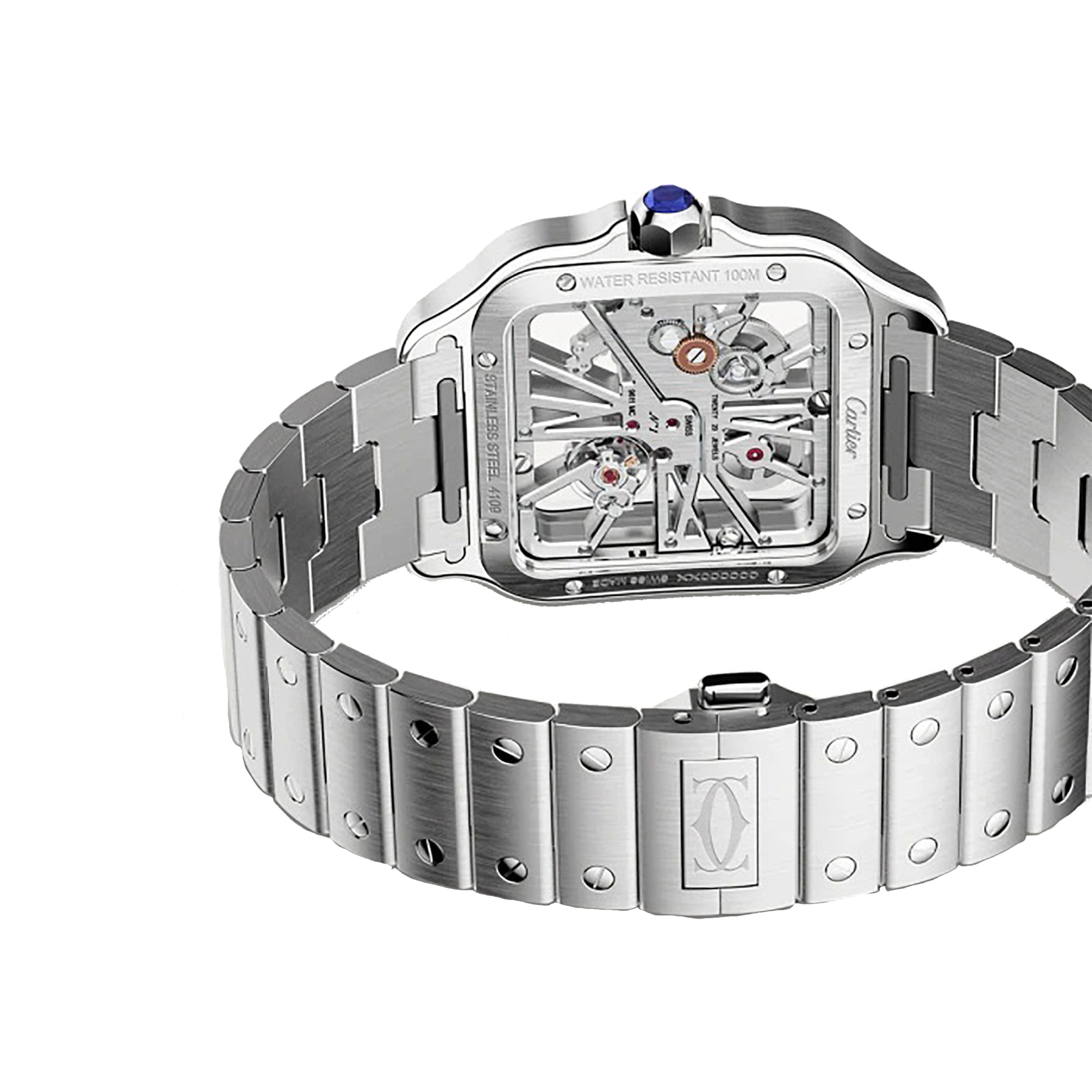 Cartier Santos de Cartier Skeleton watch in silver, featuring a visible skeleton back that displays its mechanical movement and Cartier branding on the clasp and case.