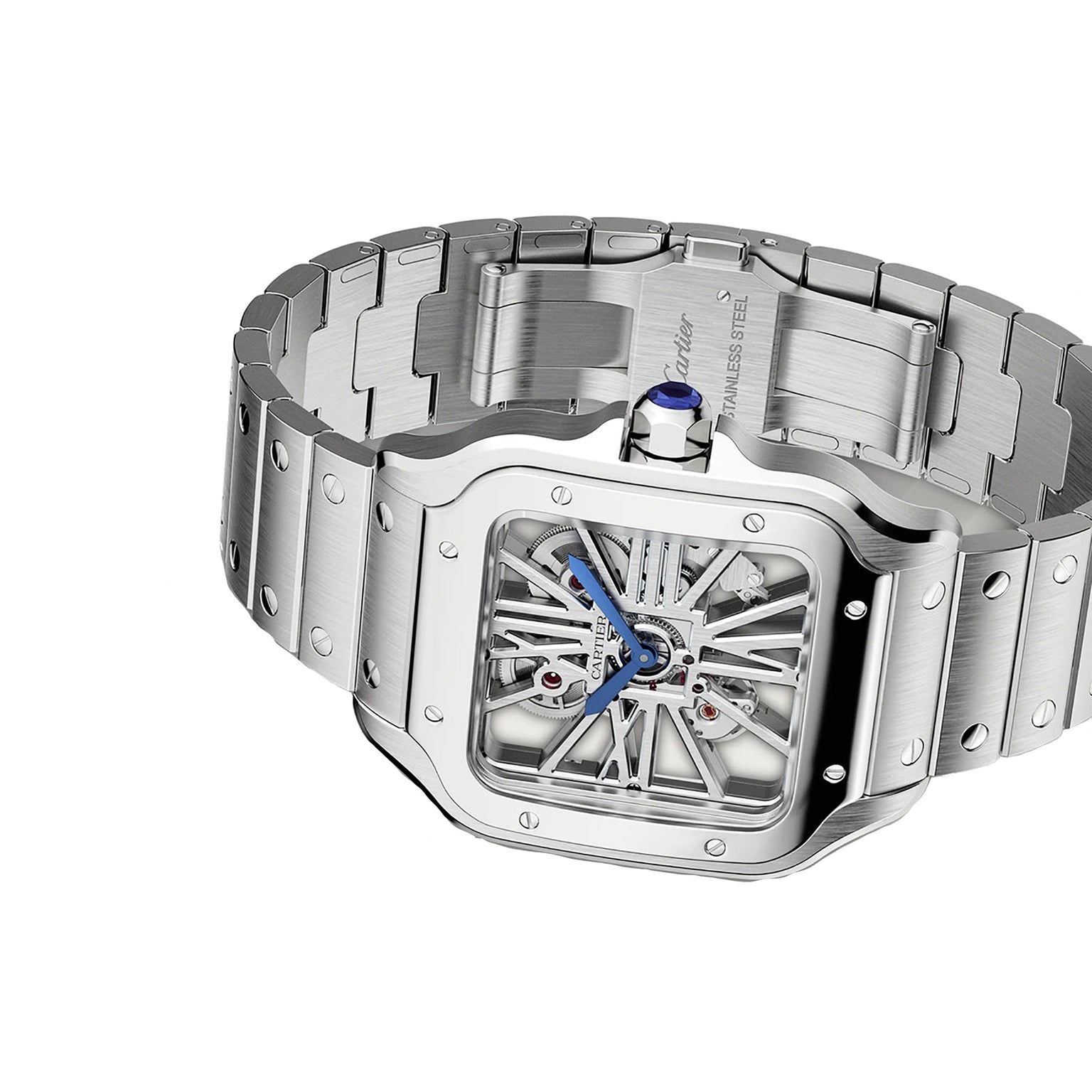 The Cartier Santos de Cartier Skeleton watch features a stainless steel case, square bezel, integrated metal bracelet, blue hands, and a skeleton dial that reveals its mechanical movement.