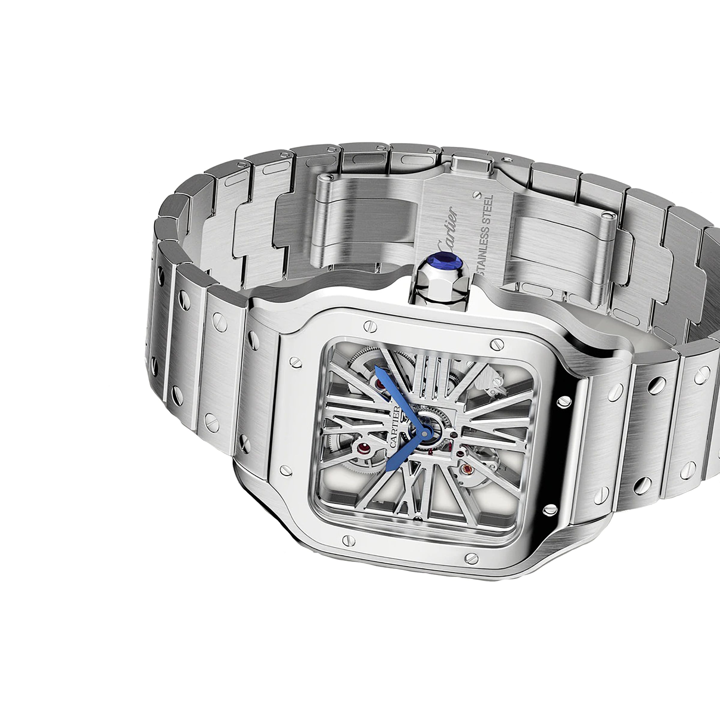 The Cartier Santos de Cartier Skeleton watch features a stainless steel case, square bezel, integrated metal bracelet, blue hands, and a skeleton dial that reveals its mechanical movement.