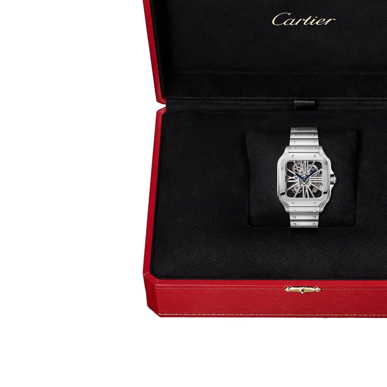 The Santos de Cartier Skeleton by Cartier, featuring mechanical movement, is presented in a black and red Cartier box.