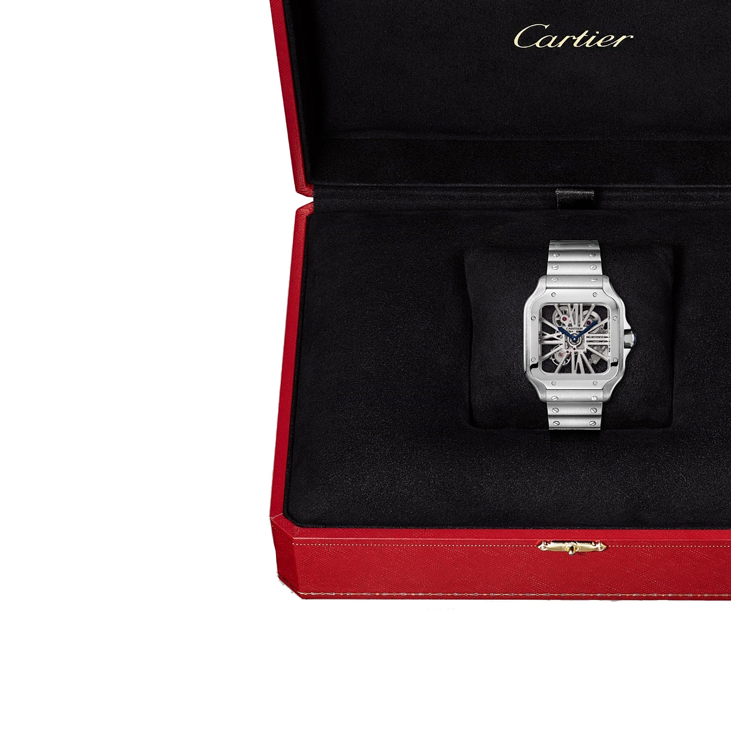 The Santos de Cartier Skeleton by Cartier, featuring mechanical movement, is presented in a black and red Cartier box.