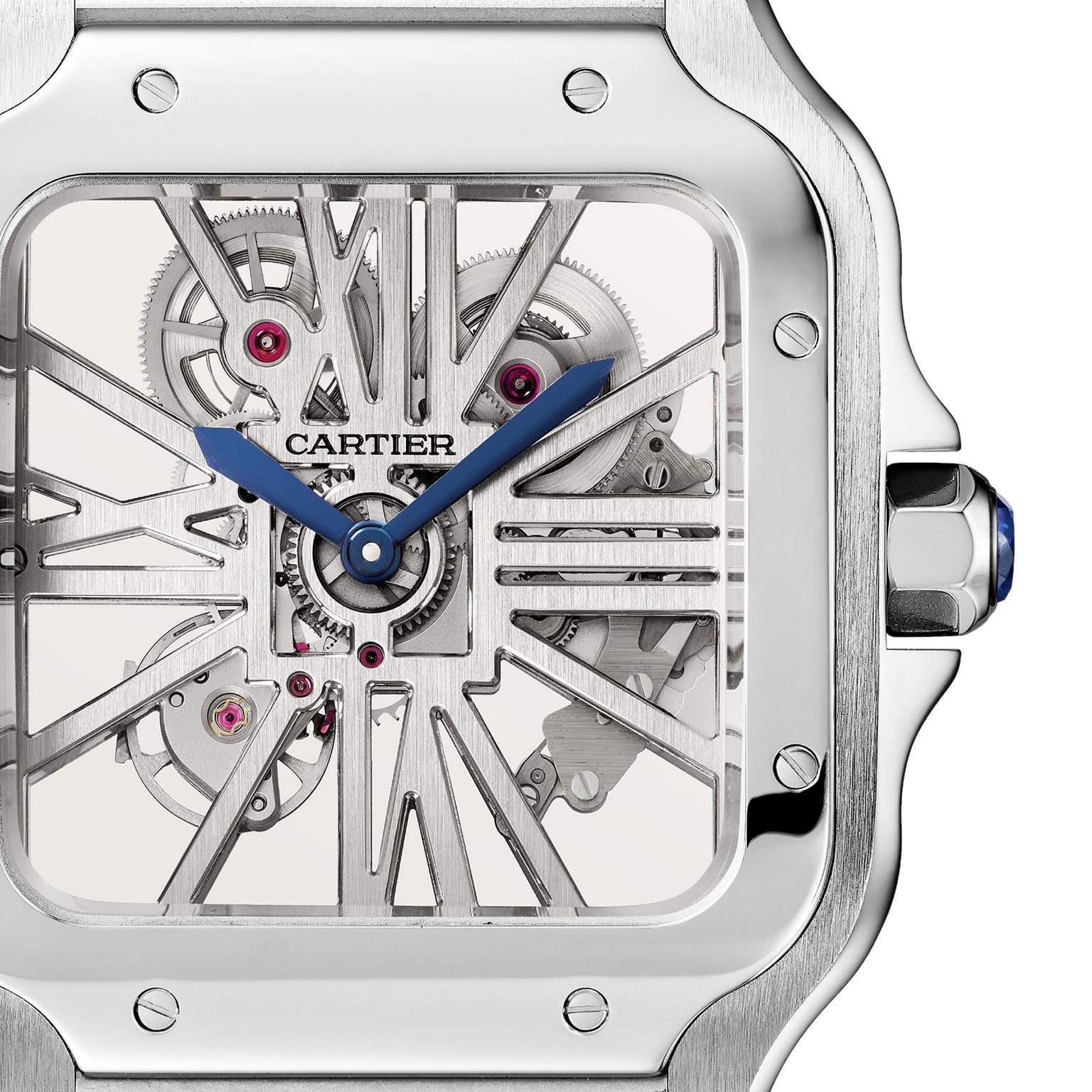 Close-up of the Cartier Santos de Cartier Skeleton watch, featuring a square stainless steel case, blue hands, visible gears, and precise mechanical movement.