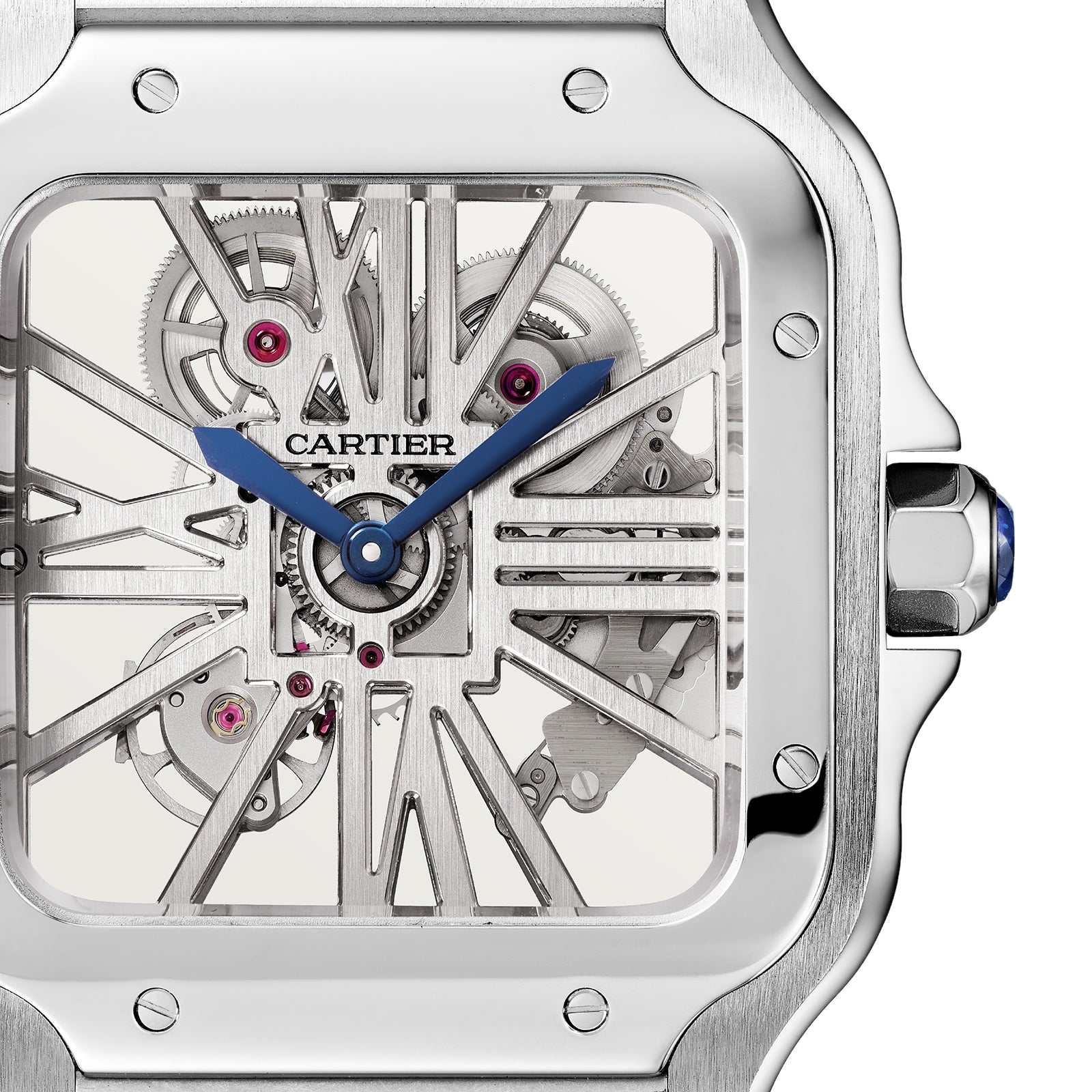 Close-up of the Cartier Santos de Cartier Skeleton watch, featuring a square stainless steel case, blue hands, visible gears, and precise mechanical movement.