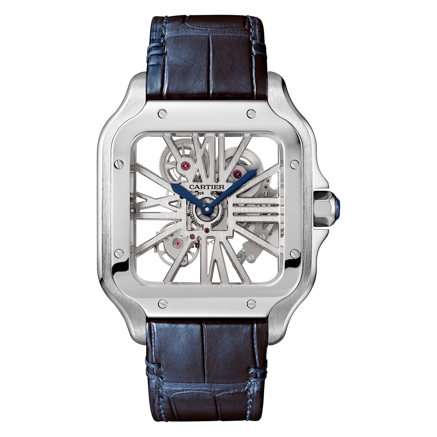 The Santos de Cartier Skeleton by Cartier features a square stainless steel case, visible mechanical movement, blue hands, and a dark leather strap with an interchangeable system for versatility.