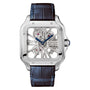 The Santos de Cartier Skeleton by Cartier features a square stainless steel case, visible mechanical movement, blue hands, and a dark leather strap with an interchangeable system for versatility.