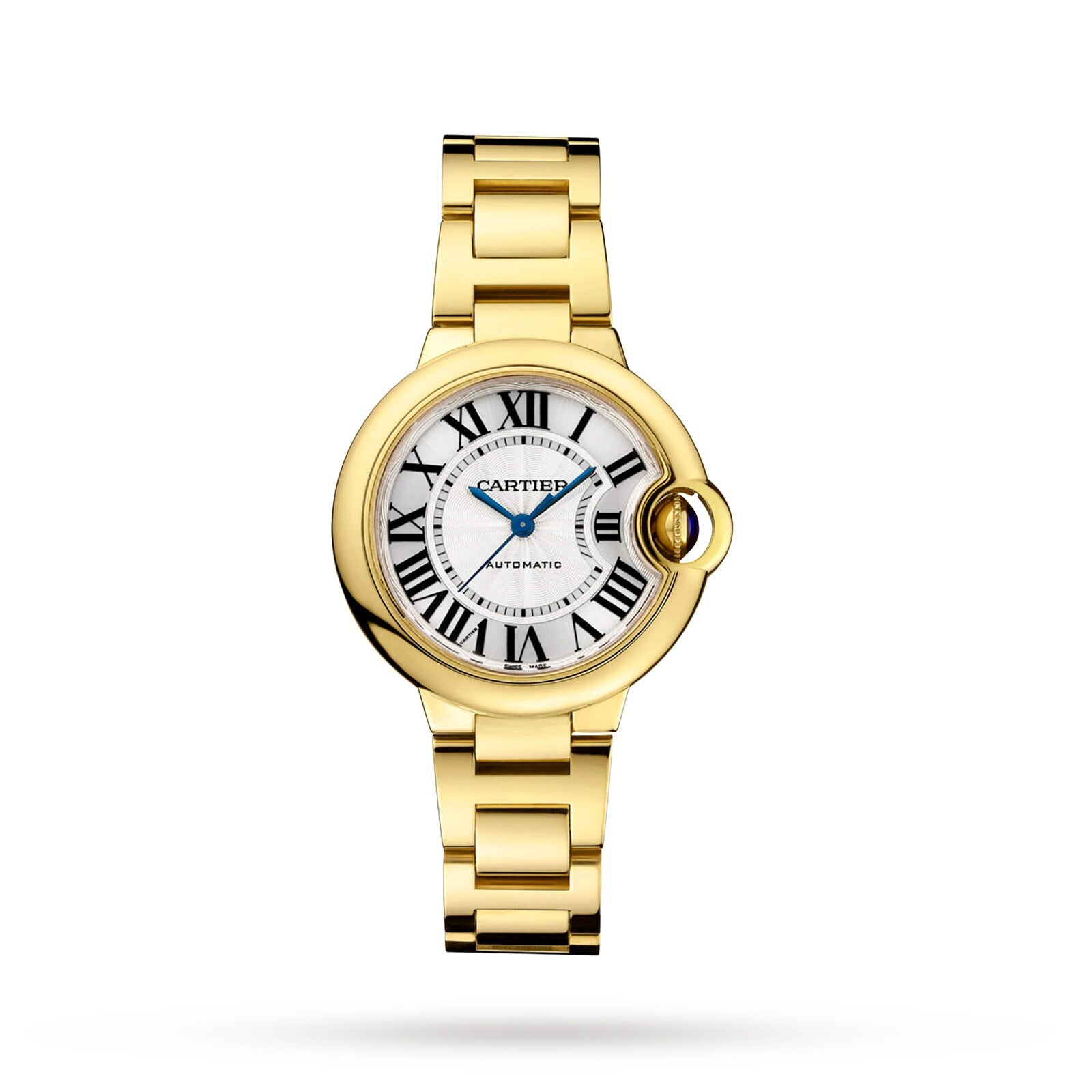 The Ballon Bleu de Cartier by Cartier features a round white dial with black Roman numerals, blue hands, and a yellow gold bracelet. Its crown is set with a blue stone and it operates on an accurate mechanical movement.