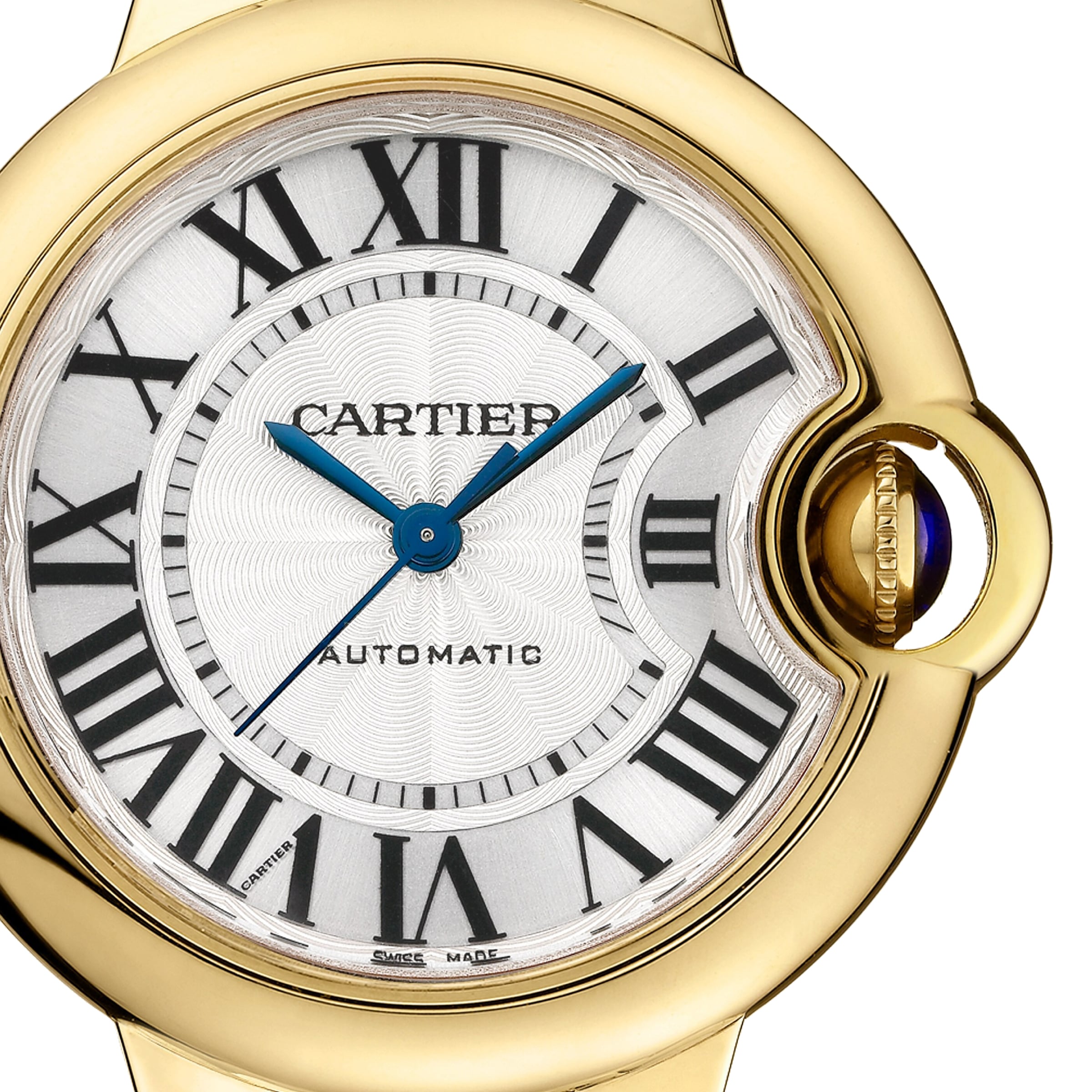 Close-up of the Cartier Ballon Bleu de Cartier watch featuring an automatic movement, yellow gold bracelet, Roman numeral markers, blue hands, and a sapphire cabochon crown.