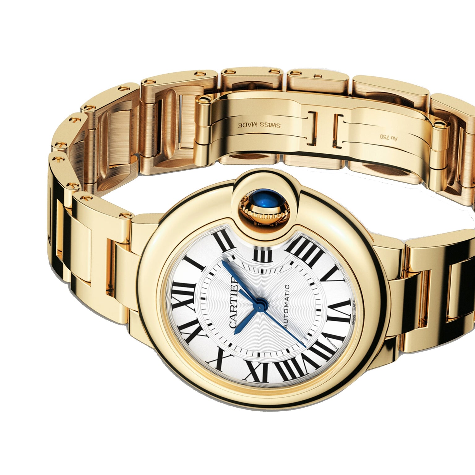 A Cartier Ballon Bleu de Cartier wristwatch with a round white dial, Roman numerals, blue hands, blue cabochon crown, and reflective yellow gold bracelet.