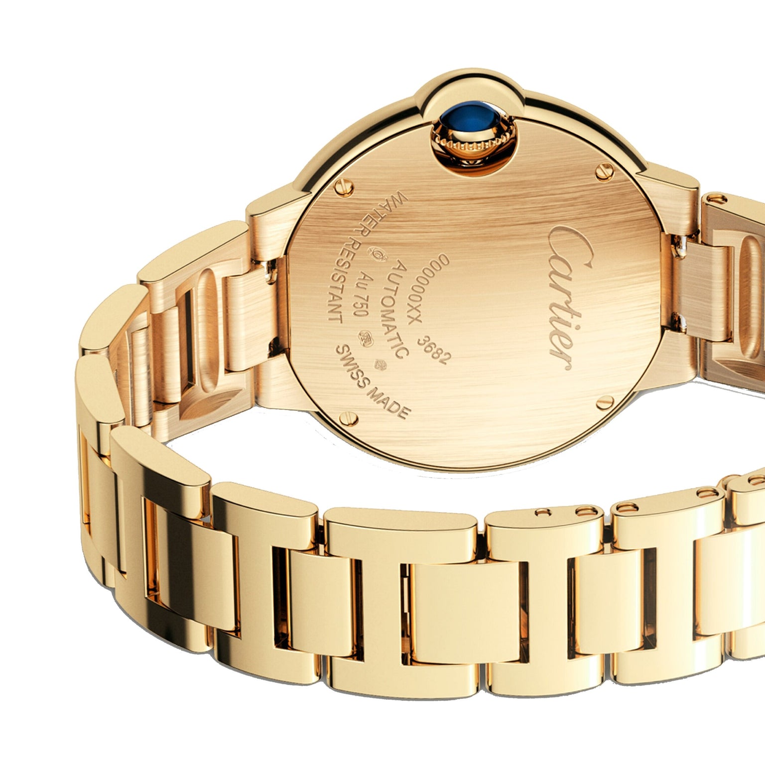 Close-up of the back of a Cartier Ballon Bleu de Cartier watch, highlighting engraved details, a blue crown, and a linked yellow gold bracelet.