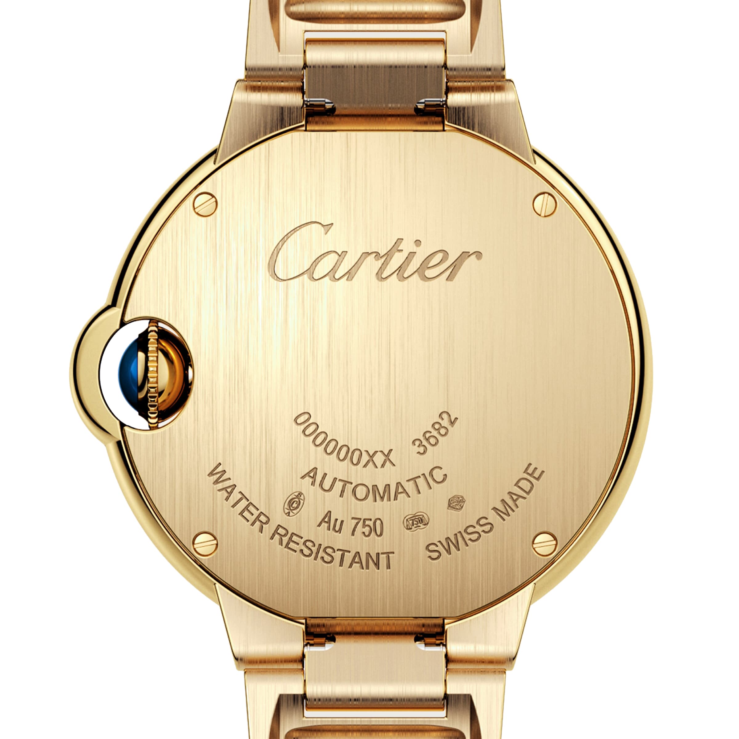 Back view of the Cartier Ballon Bleu de Cartier in yellow gold, featuring engraved model details, automatic movement, water-resistance mark, Swiss Made inscription, and a blue cabochon crown.