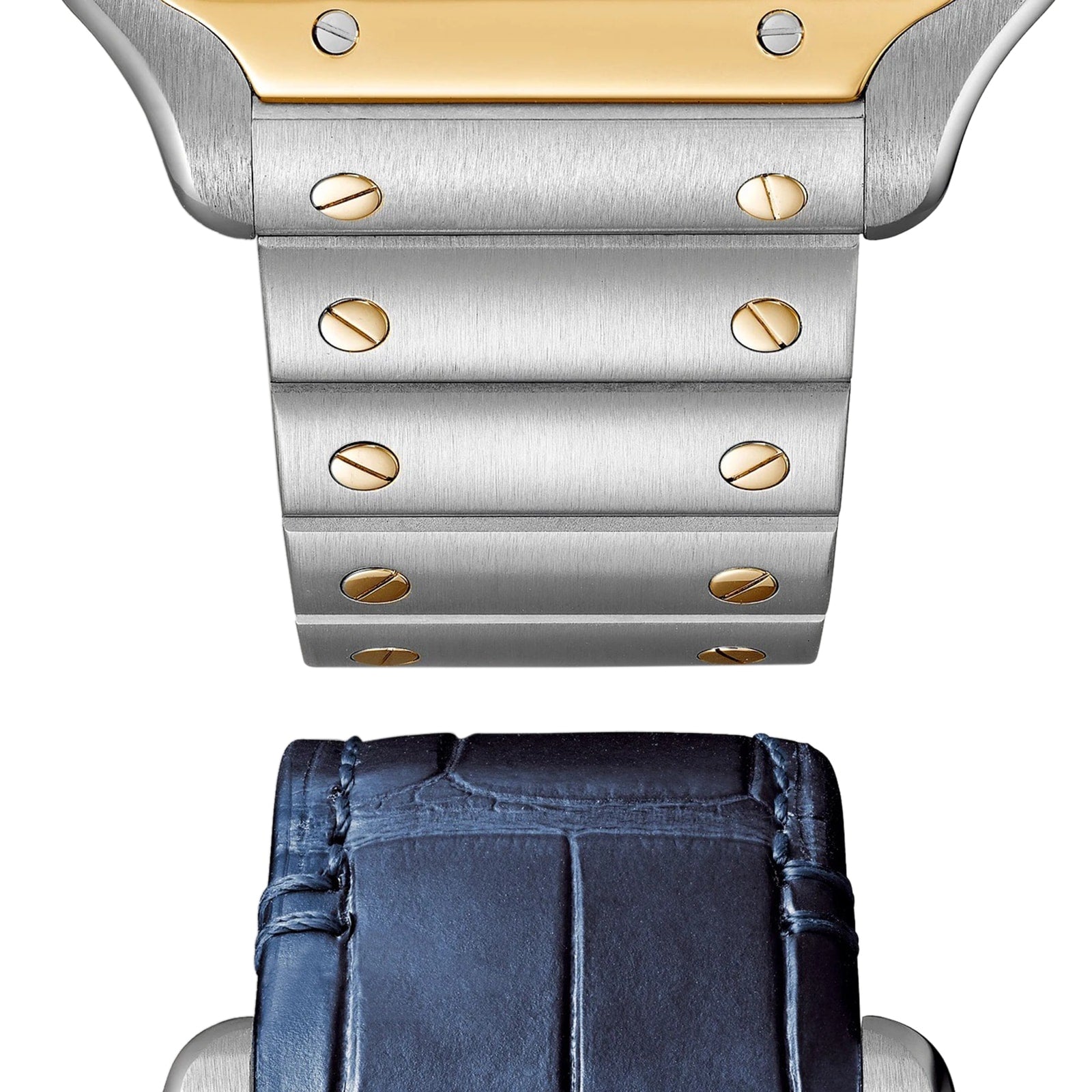 Close-up of two Santos de Cartier Skeleton watch straps: one is brushed metal with gold screws and SmartLink adjustment, the other is dark blue leather with visible stitching.