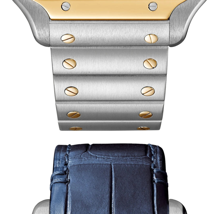 Close-up of two Santos de Cartier Skeleton watch straps: one is brushed metal with gold screws and SmartLink adjustment, the other is dark blue leather with visible stitching.