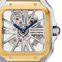 Close-up of the Santos de Cartier Skeleton by Cartier, highlighting blue hands, exposed gears revealing its mechanical movement, and a square bezel in gold and silver tones.