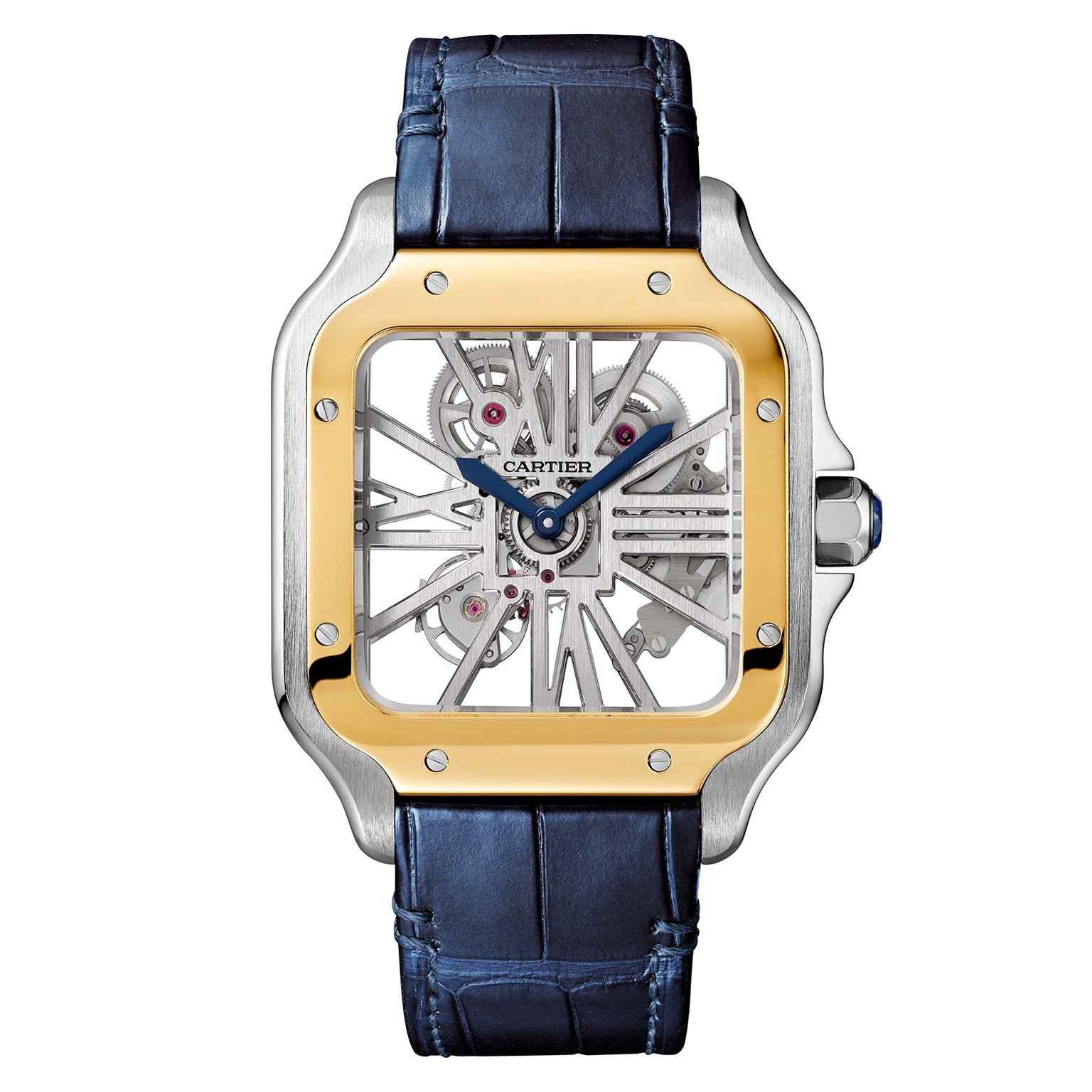The Santos de Cartier Skeleton by Cartier features a square case, gold bezel, skeletonized dial displaying the mechanical movement, blue hands, and a blue leather strap.