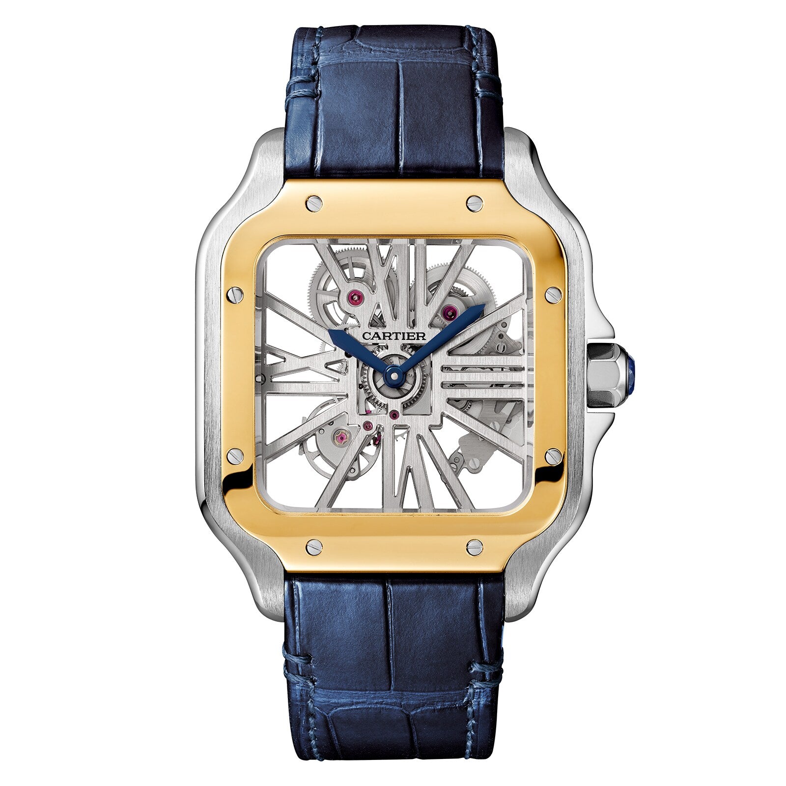The Santos de Cartier Skeleton by Cartier features a square case, gold bezel, skeletonized dial displaying the mechanical movement, blue hands, and a blue leather strap.