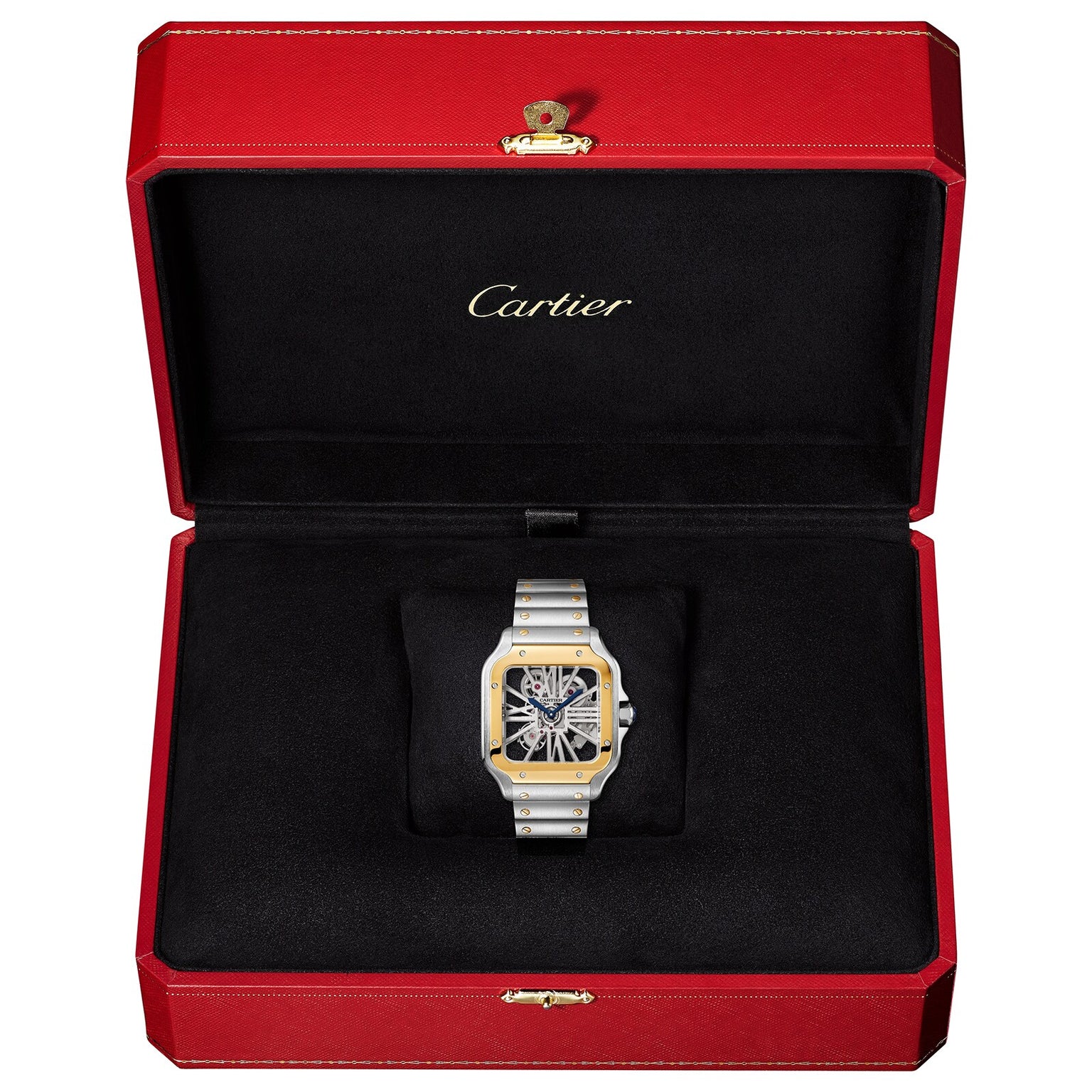 A Santos de Cartier Skeleton watch by Cartier, featuring a silver and gold band and the SmartLink adjustment system, is showcased in an open red Cartier box with a black interior.