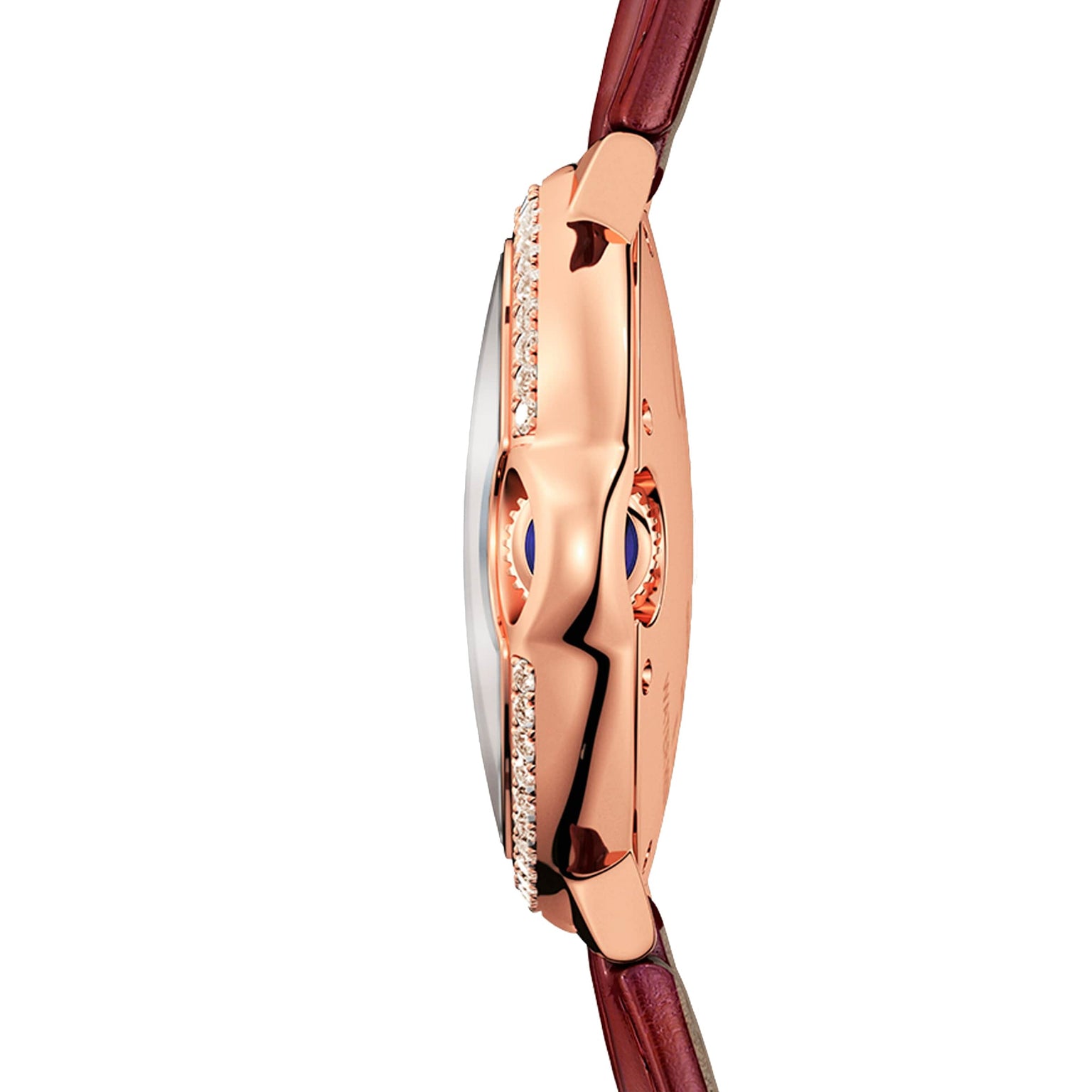 Side view of the Ballon Bleu de Cartier watch by Cartier, featuring a rose gold case edged with sparkling diamonds and paired with a brown leather strap.