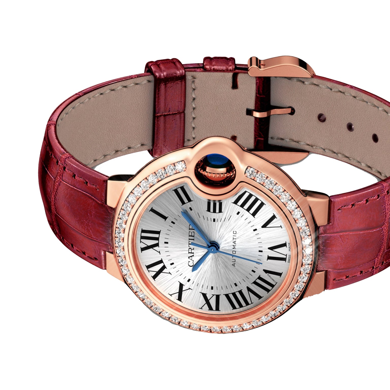 The Ballon Bleu de Cartier by Cartier features a rose gold case, Roman numeral markers, a diamond-set bezel, vivid red leather strap, and the brand’s signature blue crown.