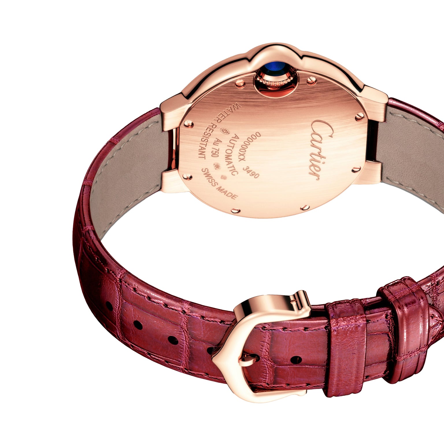 A close-up of the Ballon Bleu de Cartier watchs back, featuring a rose gold case with engraved details and a burgundy leather strap finished with a gold buckle.