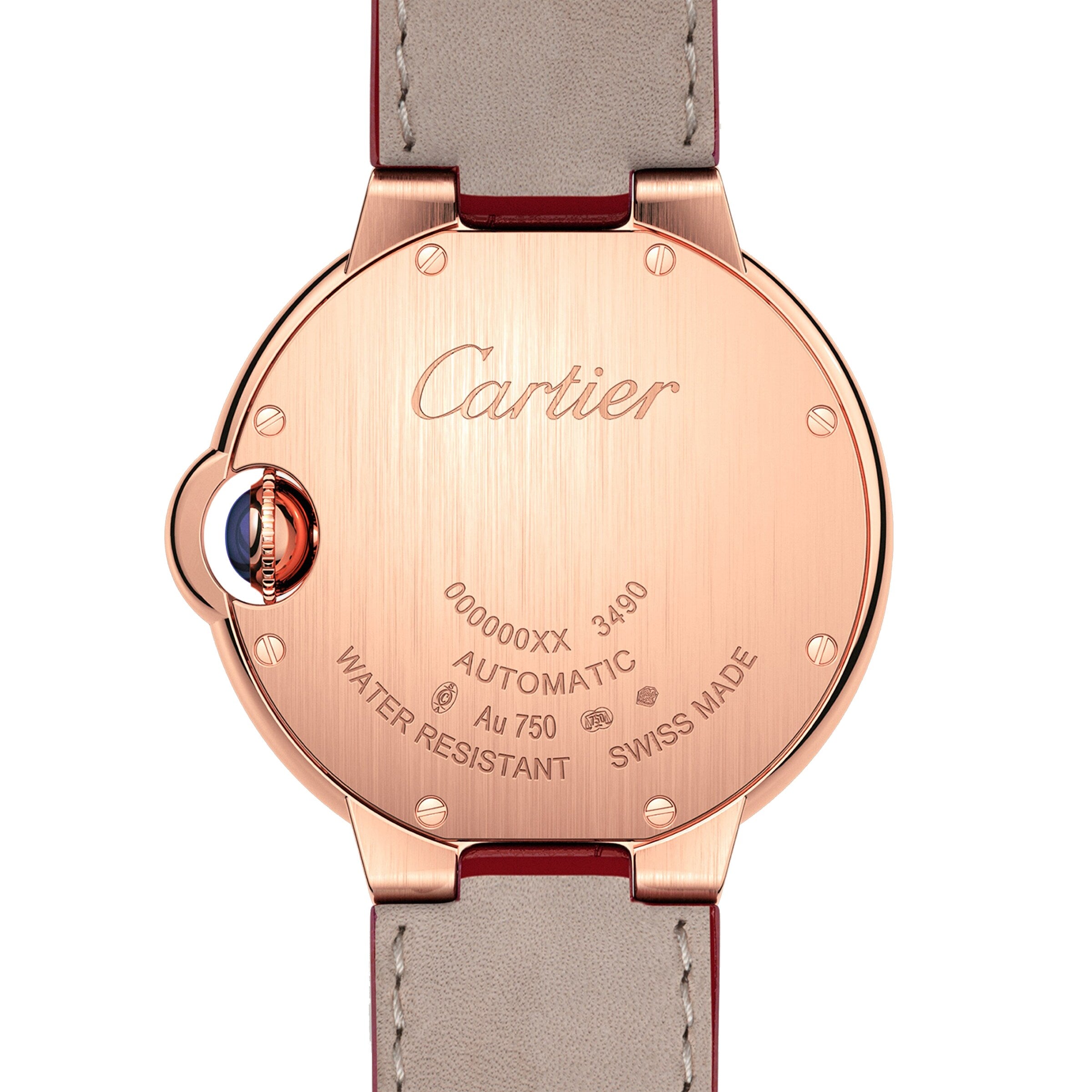 Back view of the Ballon Bleu de Cartier watch in rose gold, featuring engraved text (serial number, Automatic, Au 750, Water Resistant, Swiss Made) on a beige leather strap. Brand: Cartier.
