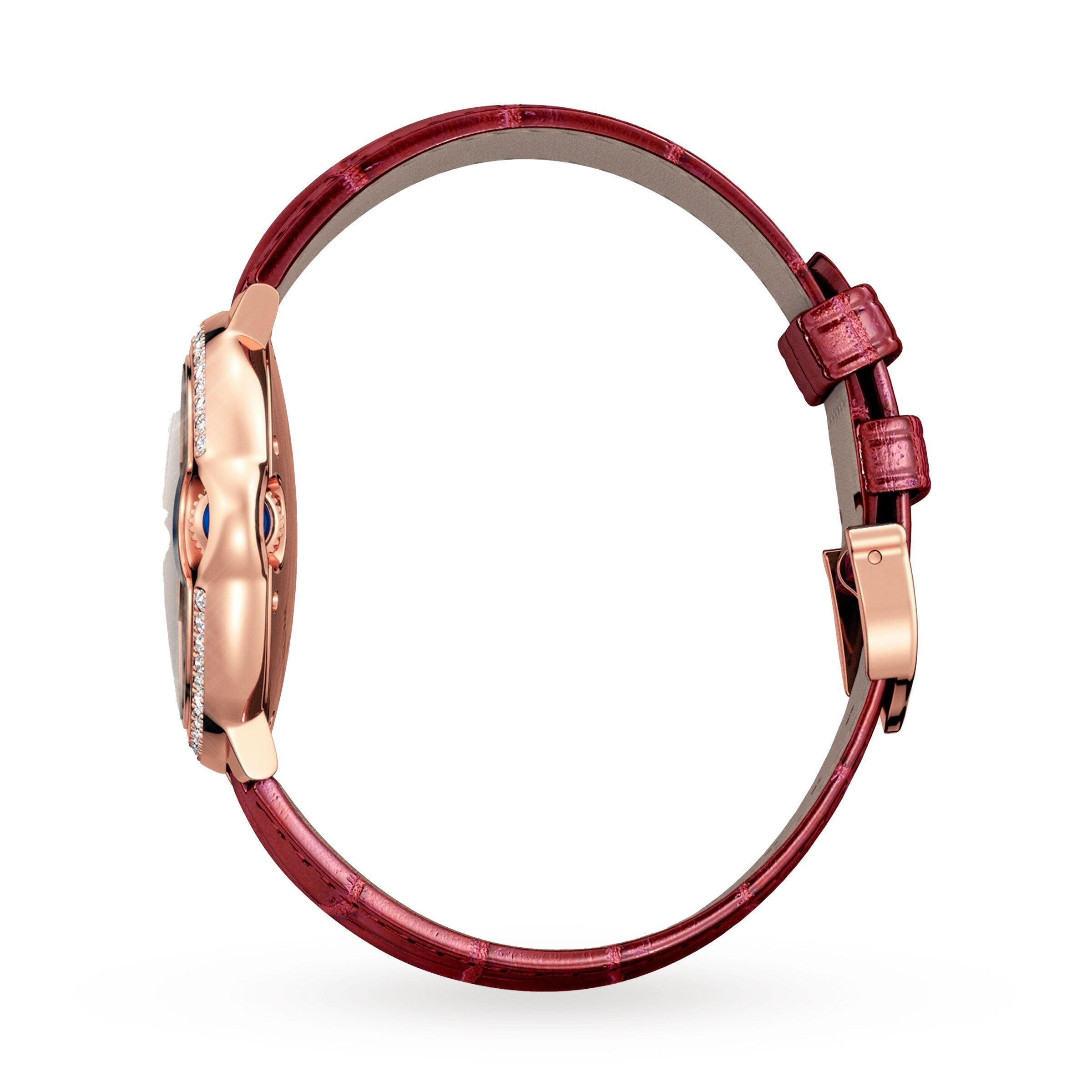 Side view of the Ballon Bleu de Cartier watch by Cartier, showcasing a rose gold case with diamonds and a burgundy leather strap against a white background.