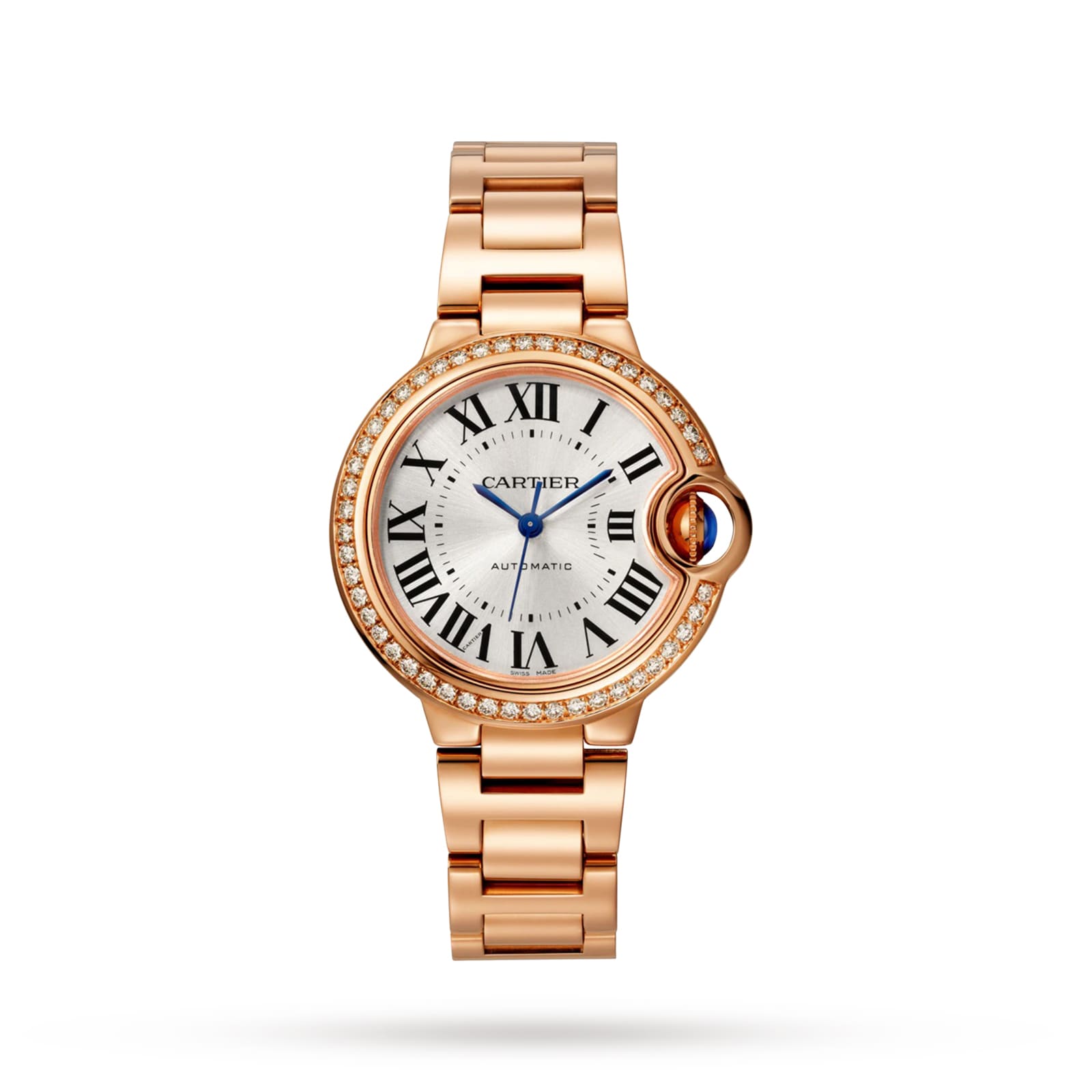 The Cartier Ballon Bleu de Cartier wristwatch features a rose gold case, diamond bezel, Roman numeral markers, blue hands, automatic movement, and a metal link bracelet, displayed against a white background.