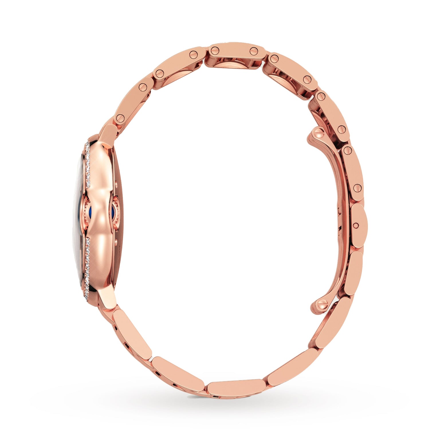 Side view of the Cartier Ballon Bleu de Cartier wristwatch, featuring a rose gold metal link band and closed clasp, showcasing its slim profile and sophisticated automatic movement.