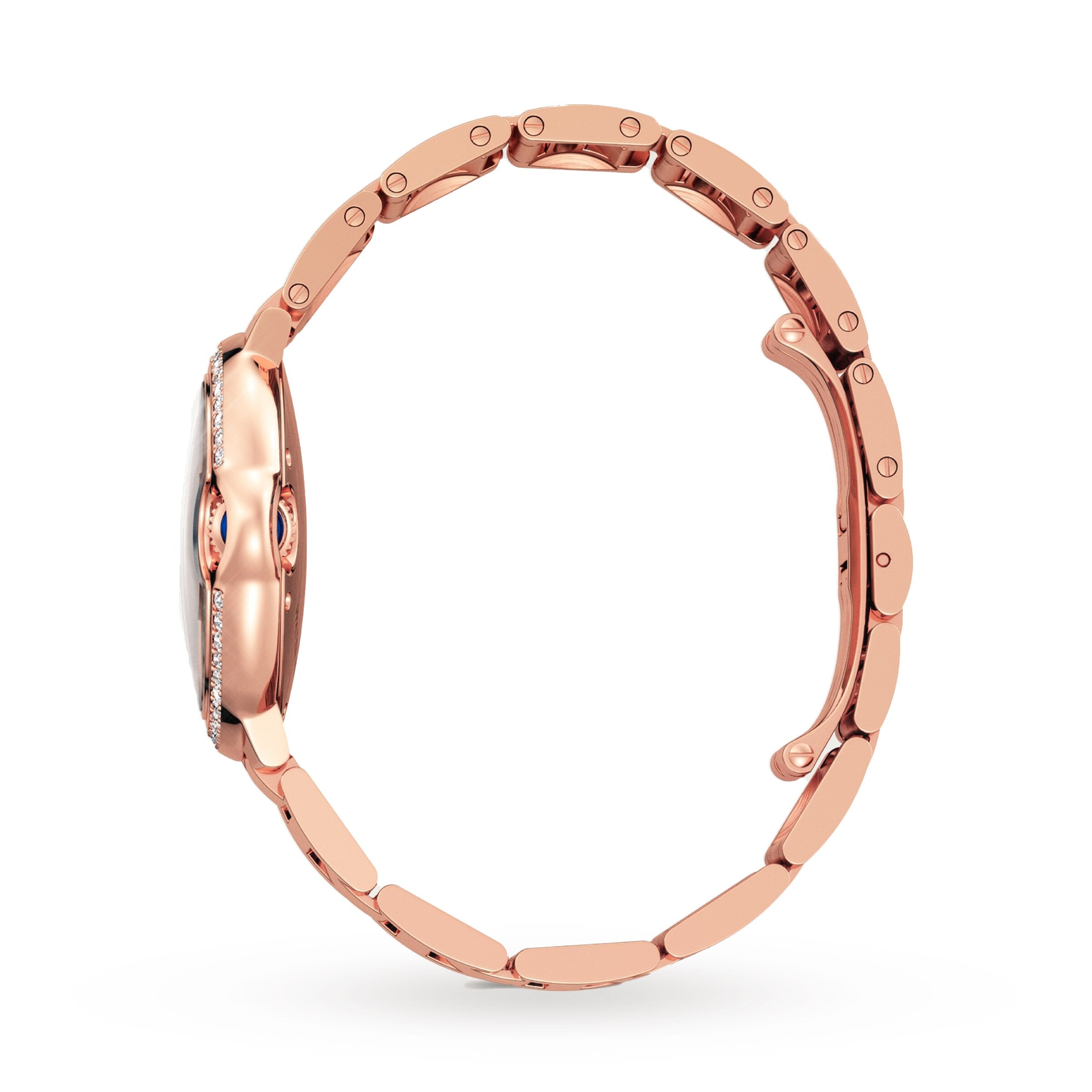 Side view of the Cartier Ballon Bleu de Cartier wristwatch, featuring a rose gold metal link band and closed clasp, showcasing its slim profile and sophisticated automatic movement.