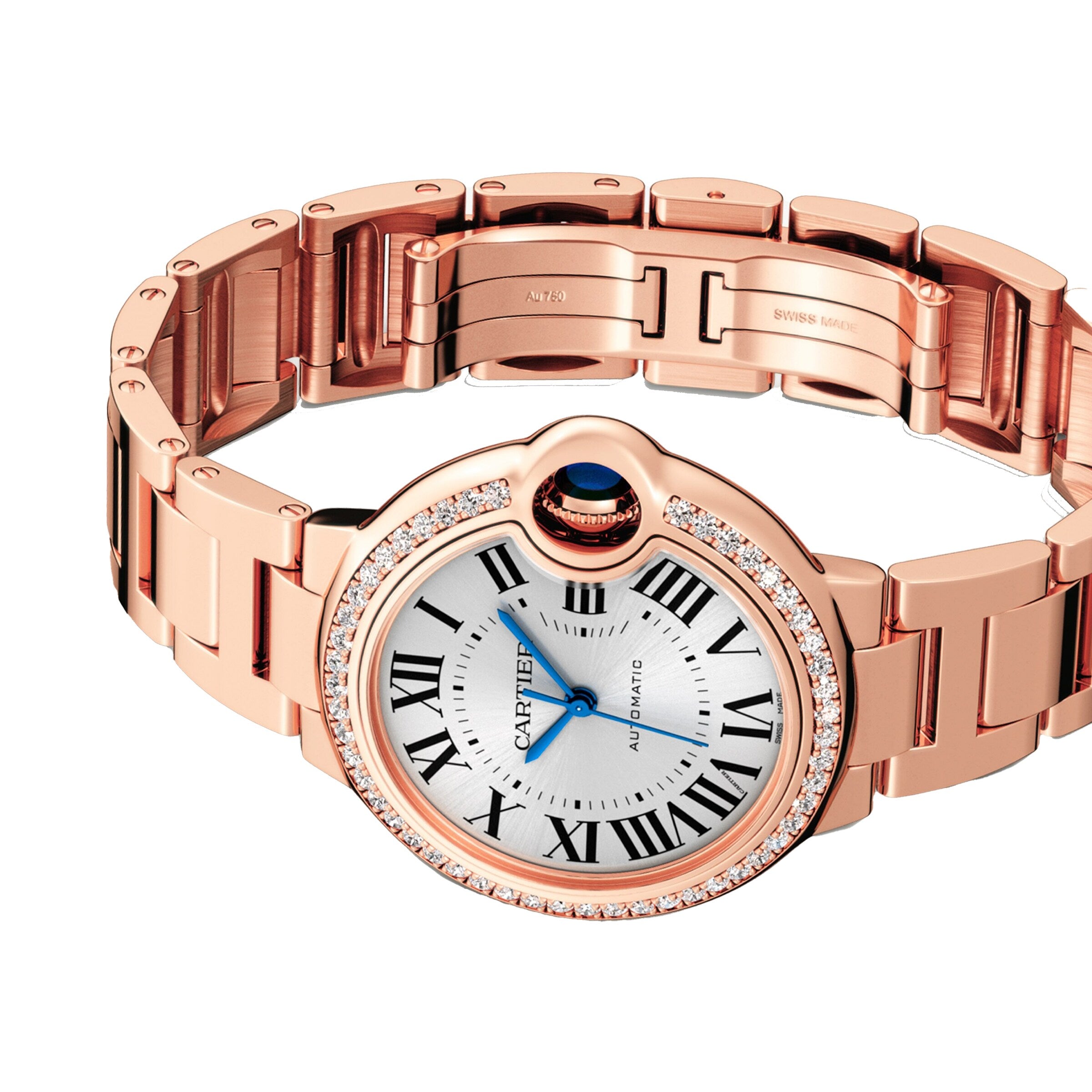The Ballon Bleu de Cartier by Cartier is a rose gold wristwatch featuring a round face, Roman numeral hour markers, diamond-set bezel, automatic movement, and metal link bracelet.