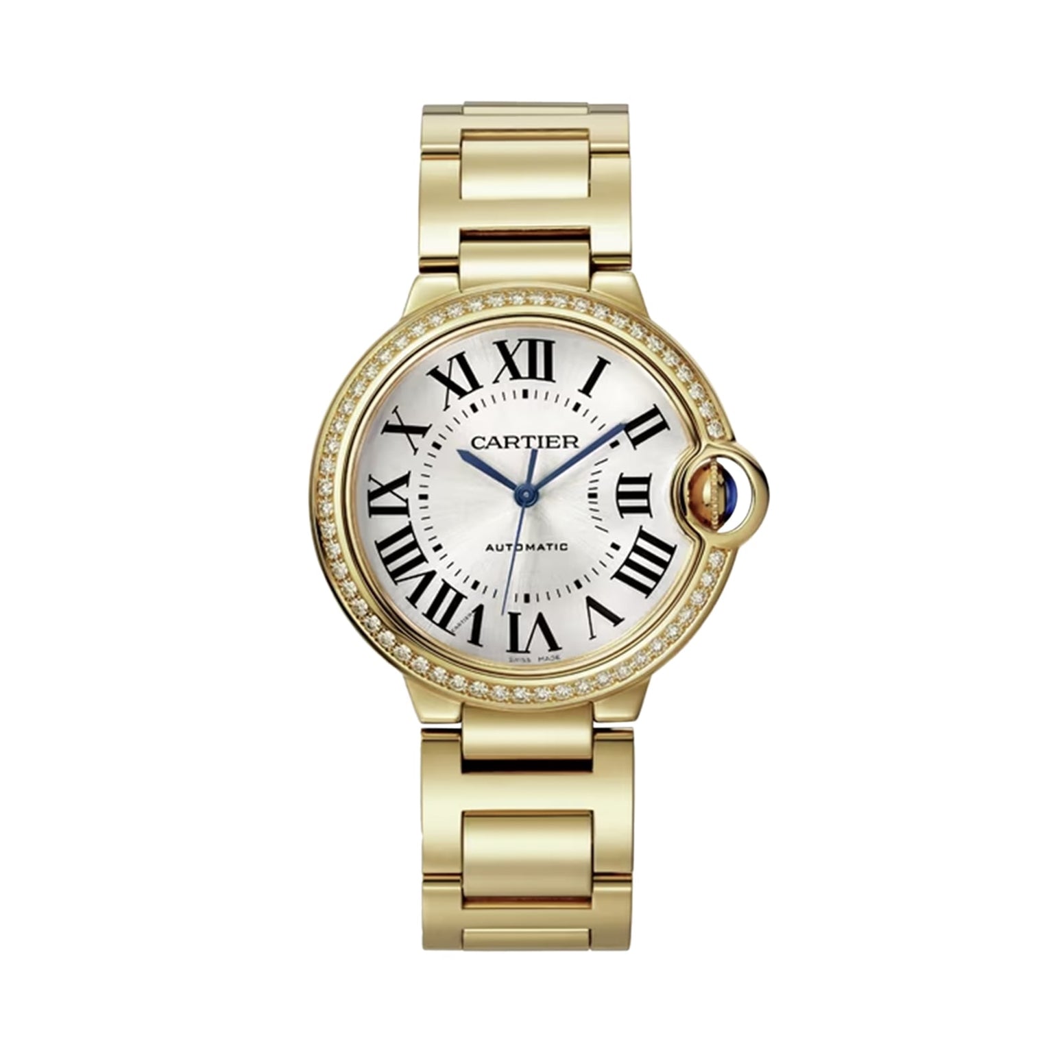 A Cartier Ballon Bleu de Cartier yellow gold watch with a round face, Roman numerals, blue hands, diamond bezel, and metal link bracelet is shown on a white background.