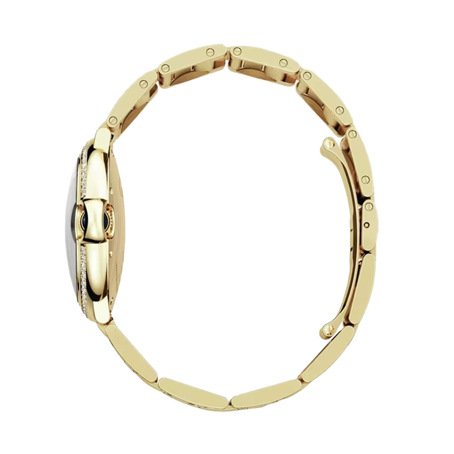 Side view of the Ballon Bleu de Cartier by Cartier in yellow gold, featuring a linked bracelet, partially open clasp, thin watch case, and simple design.