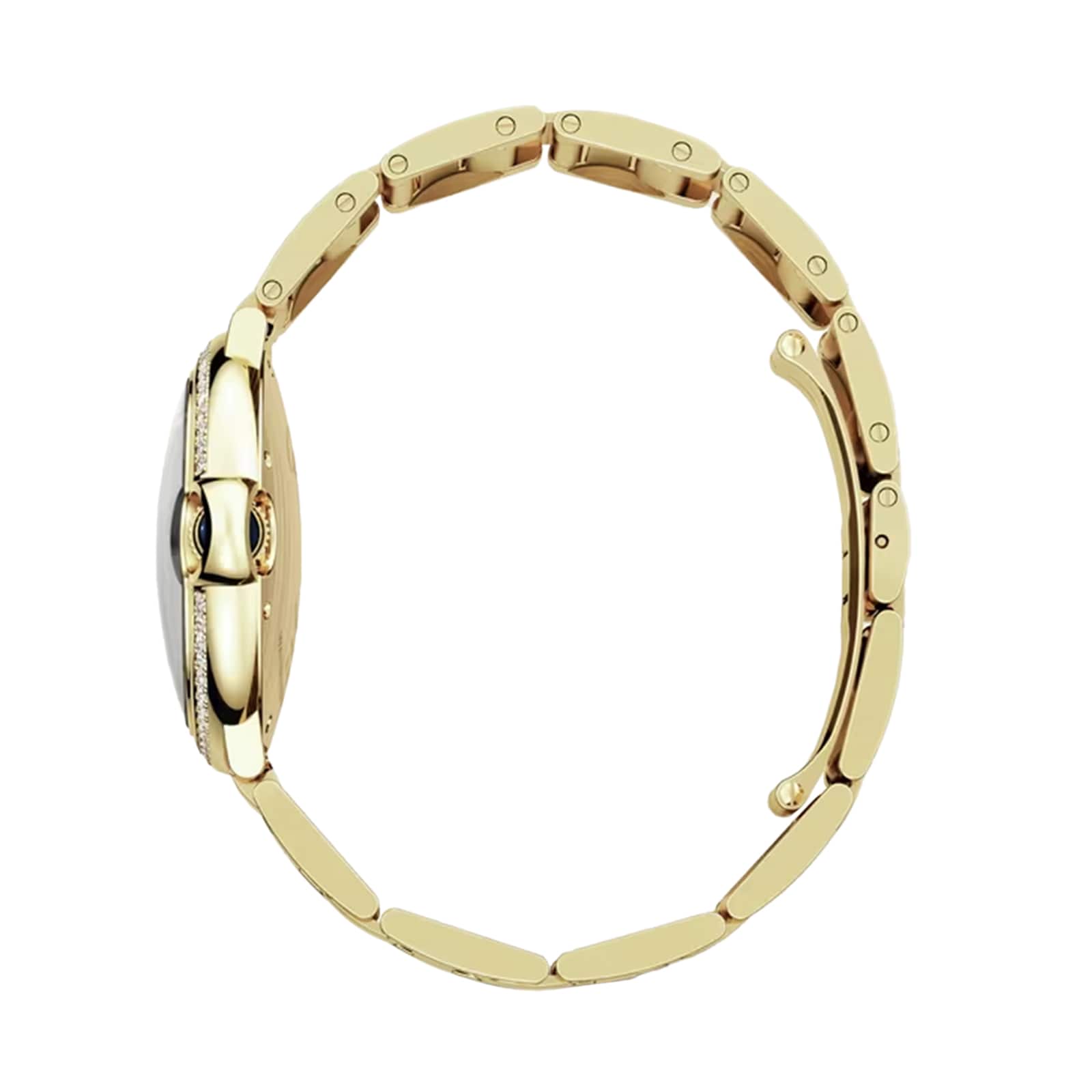 Side view of the Ballon Bleu de Cartier by Cartier in yellow gold, featuring a linked bracelet, partially open clasp, thin watch case, and simple design.