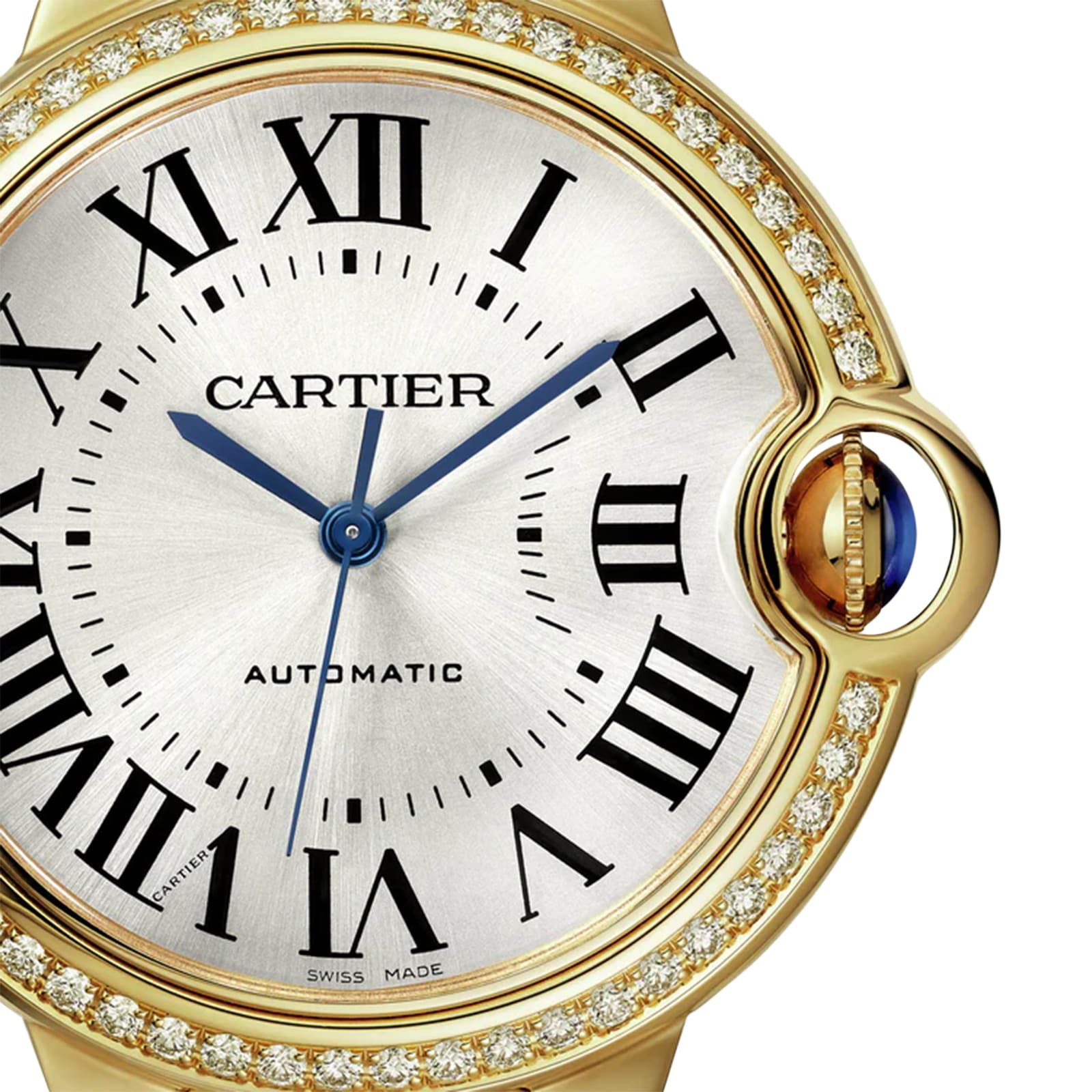 Close-up of the Ballon Bleu de Cartier by Cartier in yellow gold, featuring Roman numerals, blue hands, AUTOMATIC on the dial, and a diamond-set bezel.