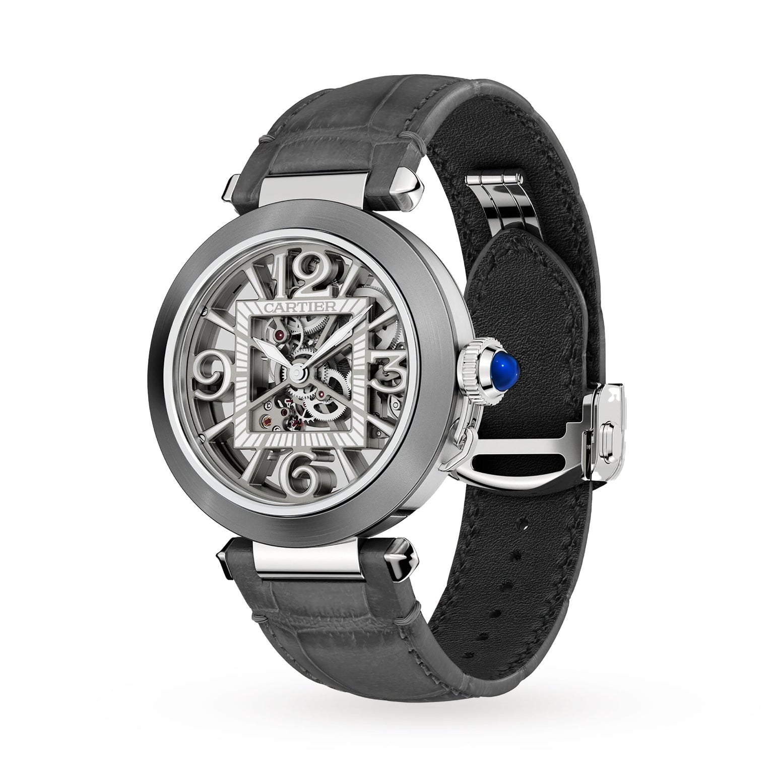 The Cartier Pasha de Cartier Skeleton watch boasts a black leather strap, silver case, skeleton dial with Roman numerals, exposed mechanical movement, and a blue cabochon crown.
